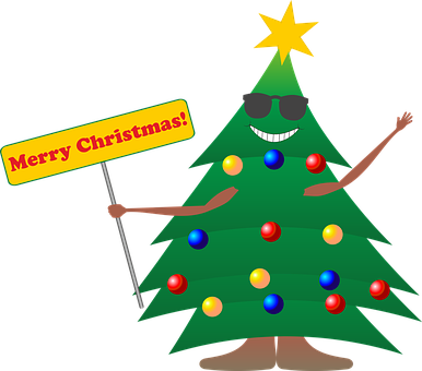 Cool Christmas Tree Cartoon Holding Sign PNG