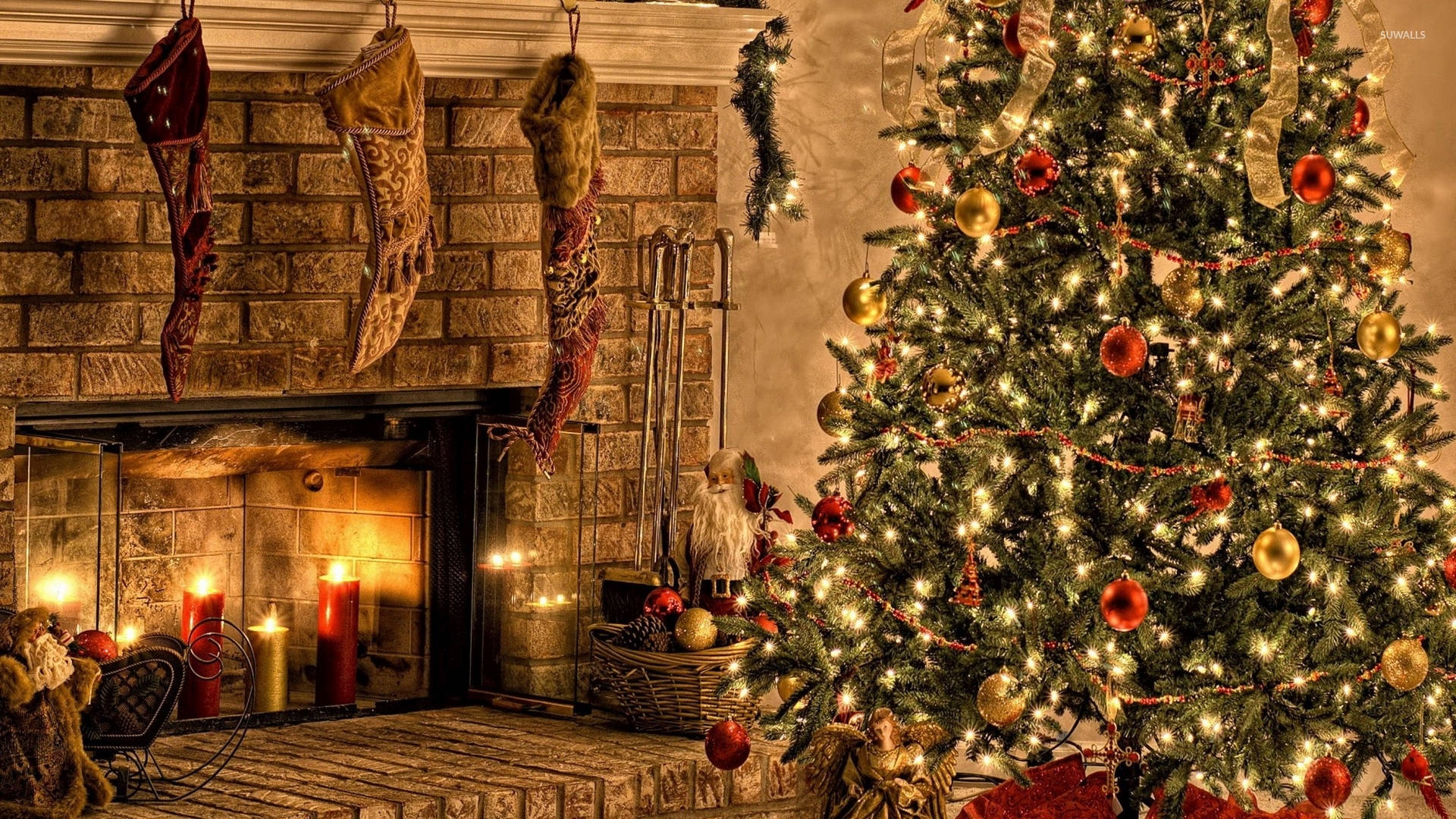 Cool Christmas Tree Scene With Fireplace Desktop Wallpaper