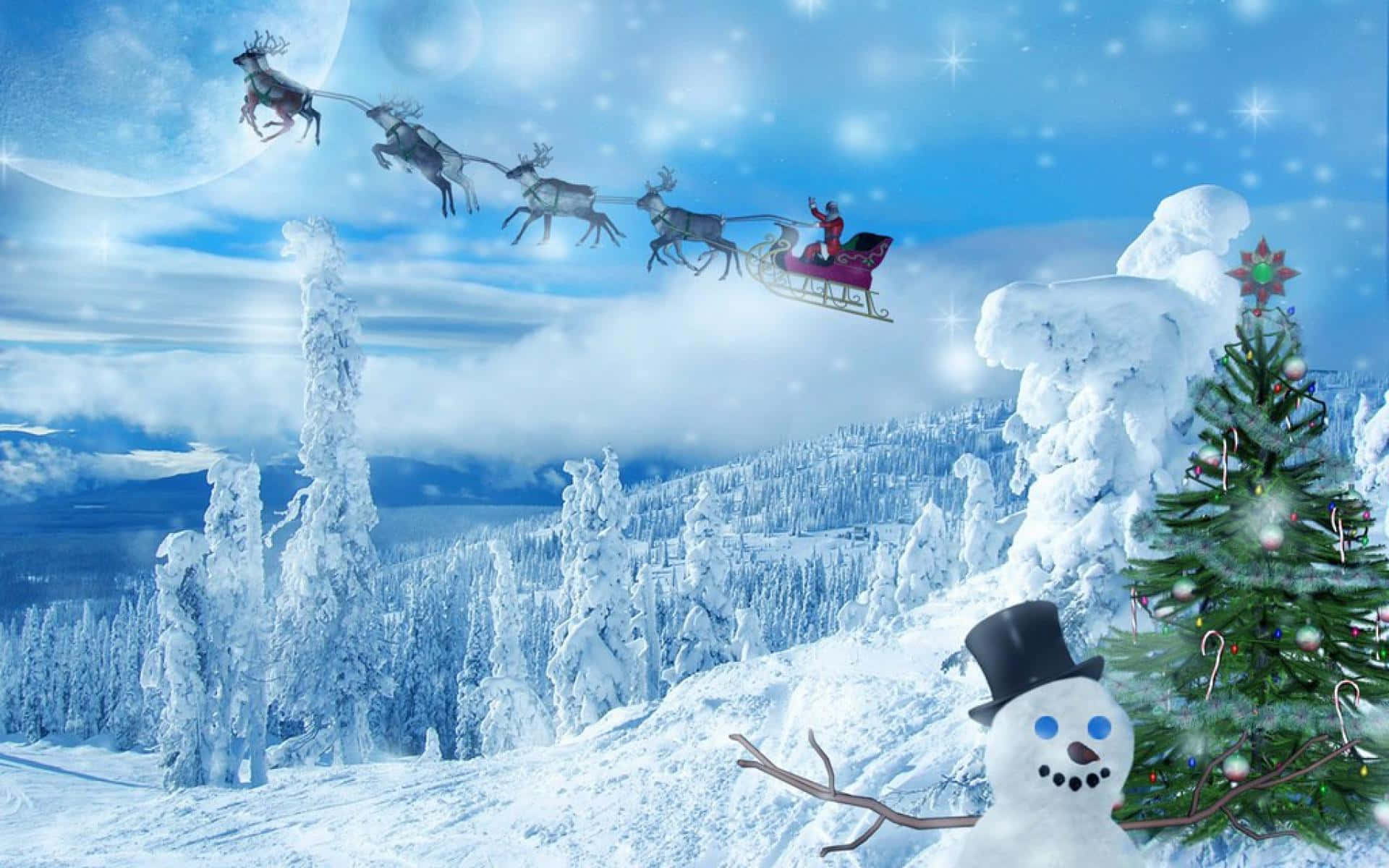 Bosquefresco De Árboles De Navidad, Papá Noel, Muñeco De Nieve. Fondo de pantalla