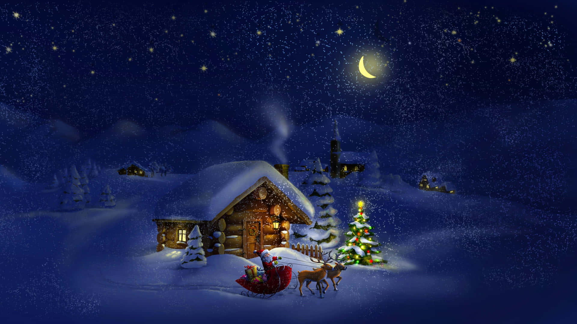 Sjove jule Santa Claus Sleigh og reinsdyr design Wallpaper