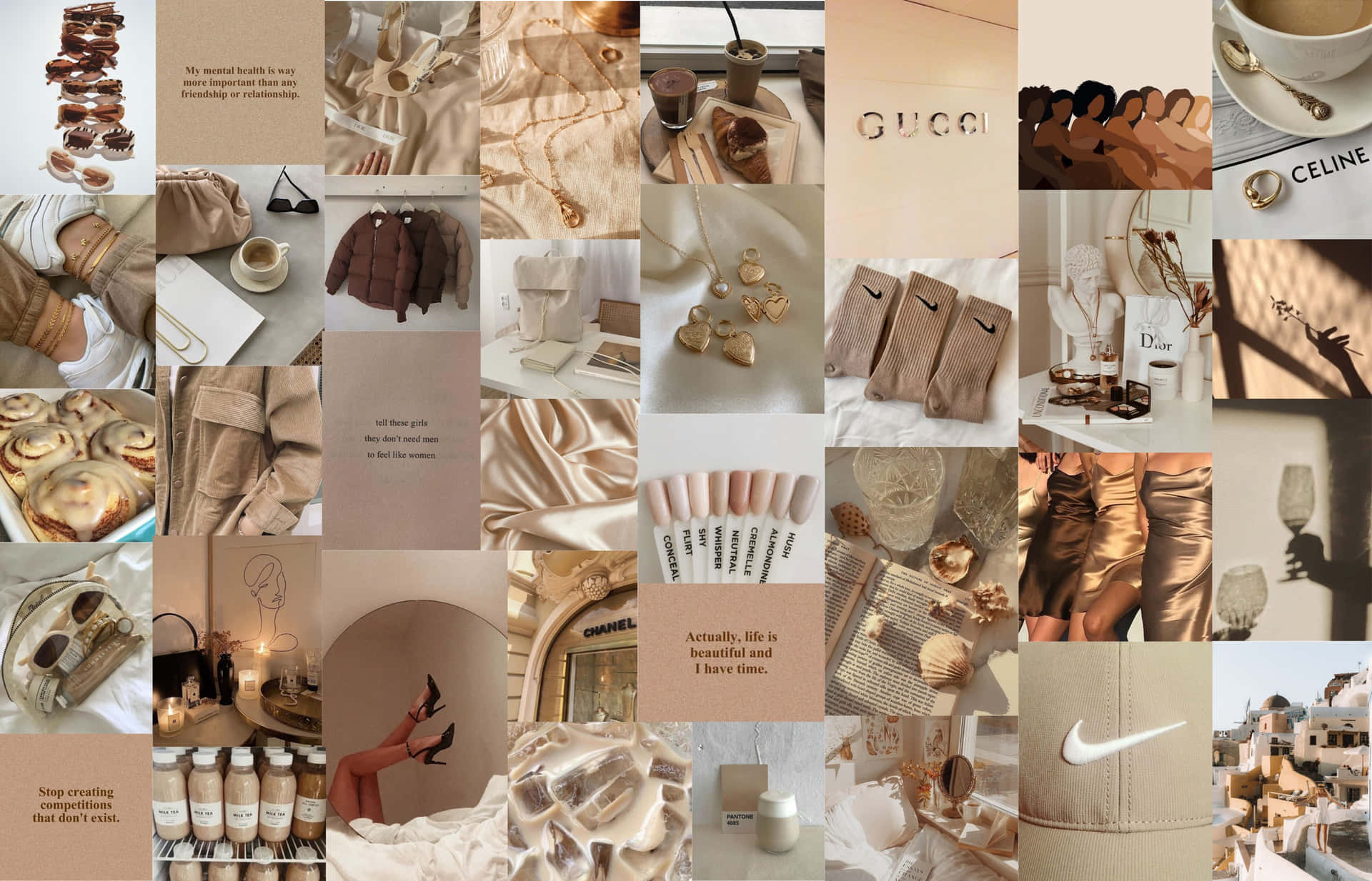 A Collage Of Various Items In A Beige Color Wallpaper