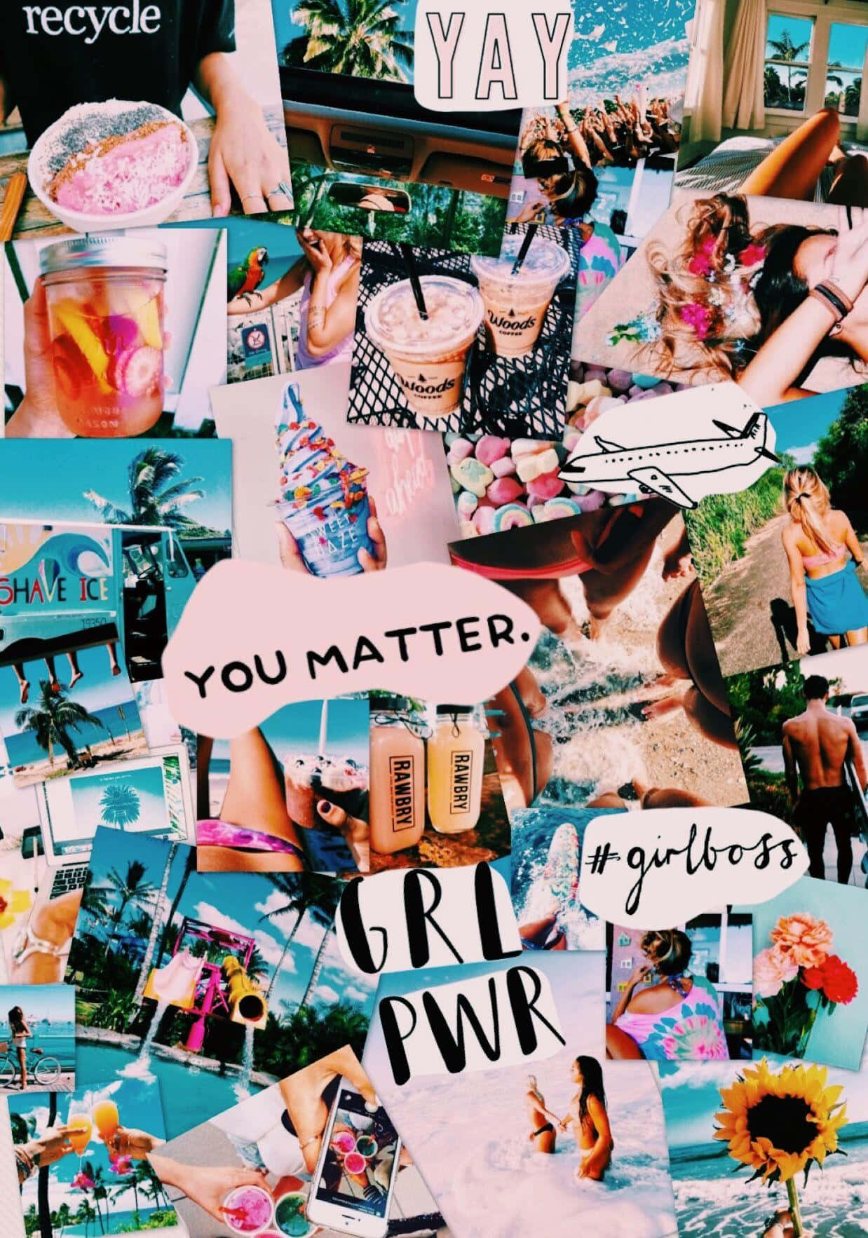 Et collage af billeder med ordene du betyder pige styrke, skrevet markant nederst Wallpaper