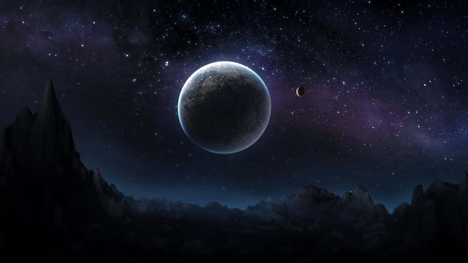 A Planet In Space With Stars And Mountains Wallpaper