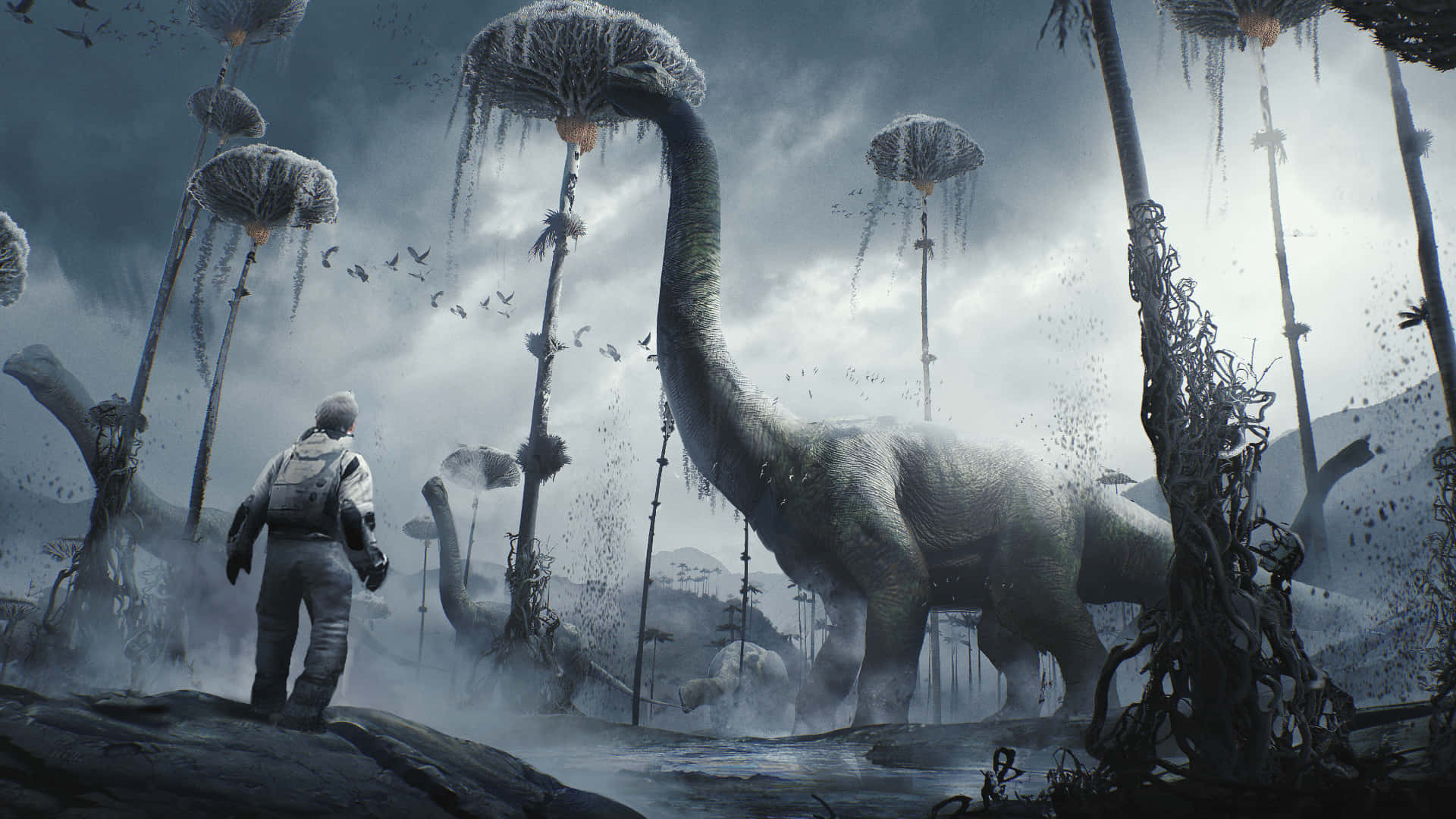 An amazing cool dinosaur stands tall among nature Wallpaper
