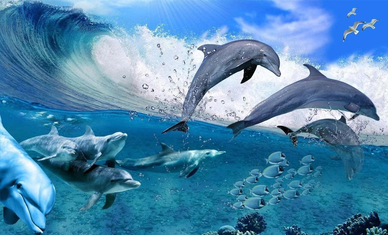 Papelde Parede Legal Com Golfinhos Azuis No Oceano. Papel de Parede