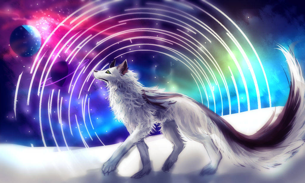 Cool Dreamy Galaxy Spiral Over Wolf Wallpaper