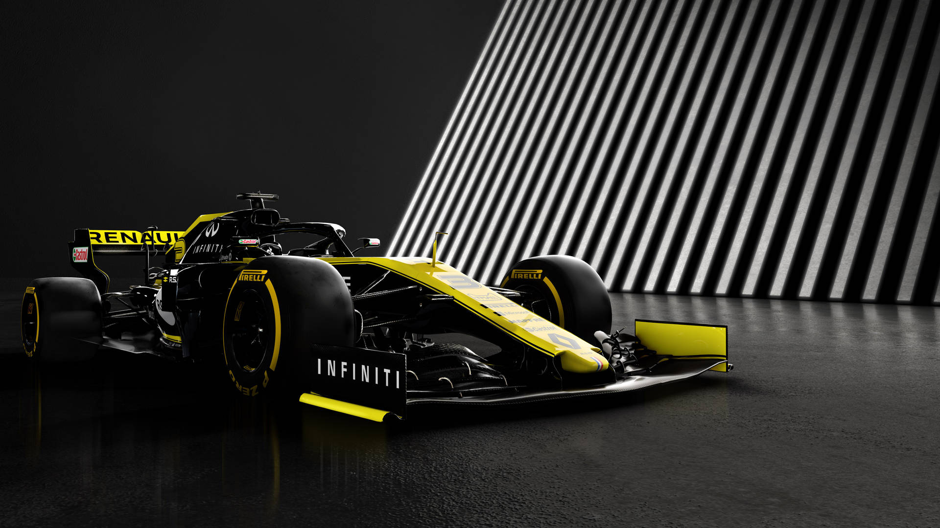 En sort og gul racerbil i et mørkt rum Wallpaper