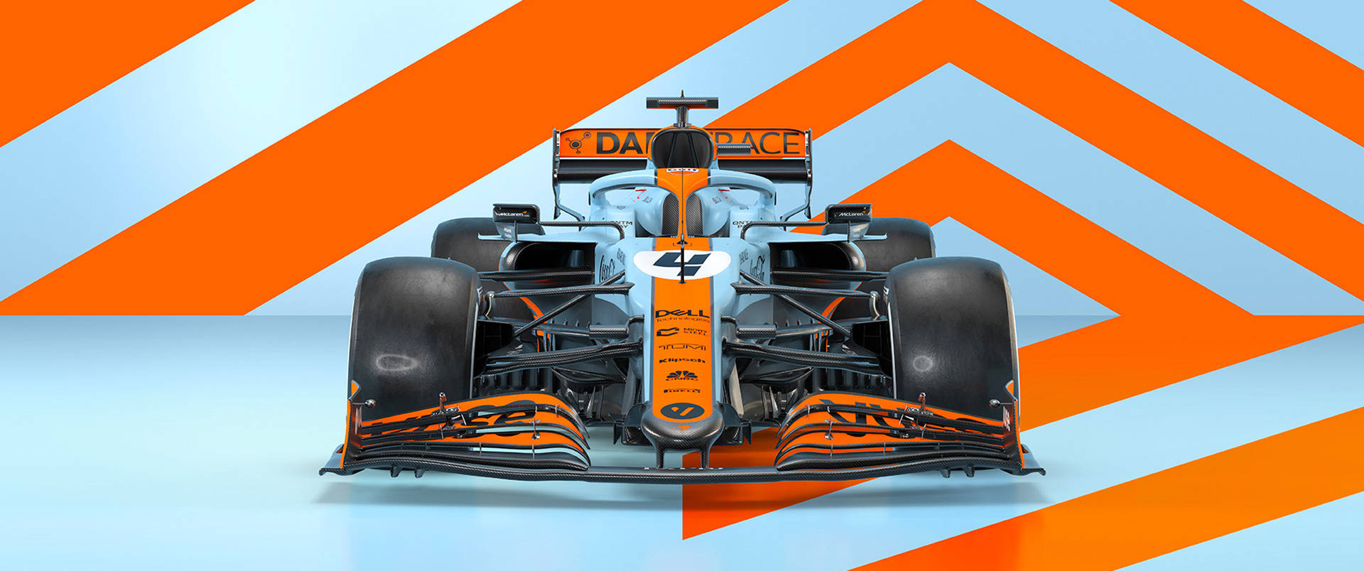 Et racebil er vist på en orange og hvid baggrund. Wallpaper