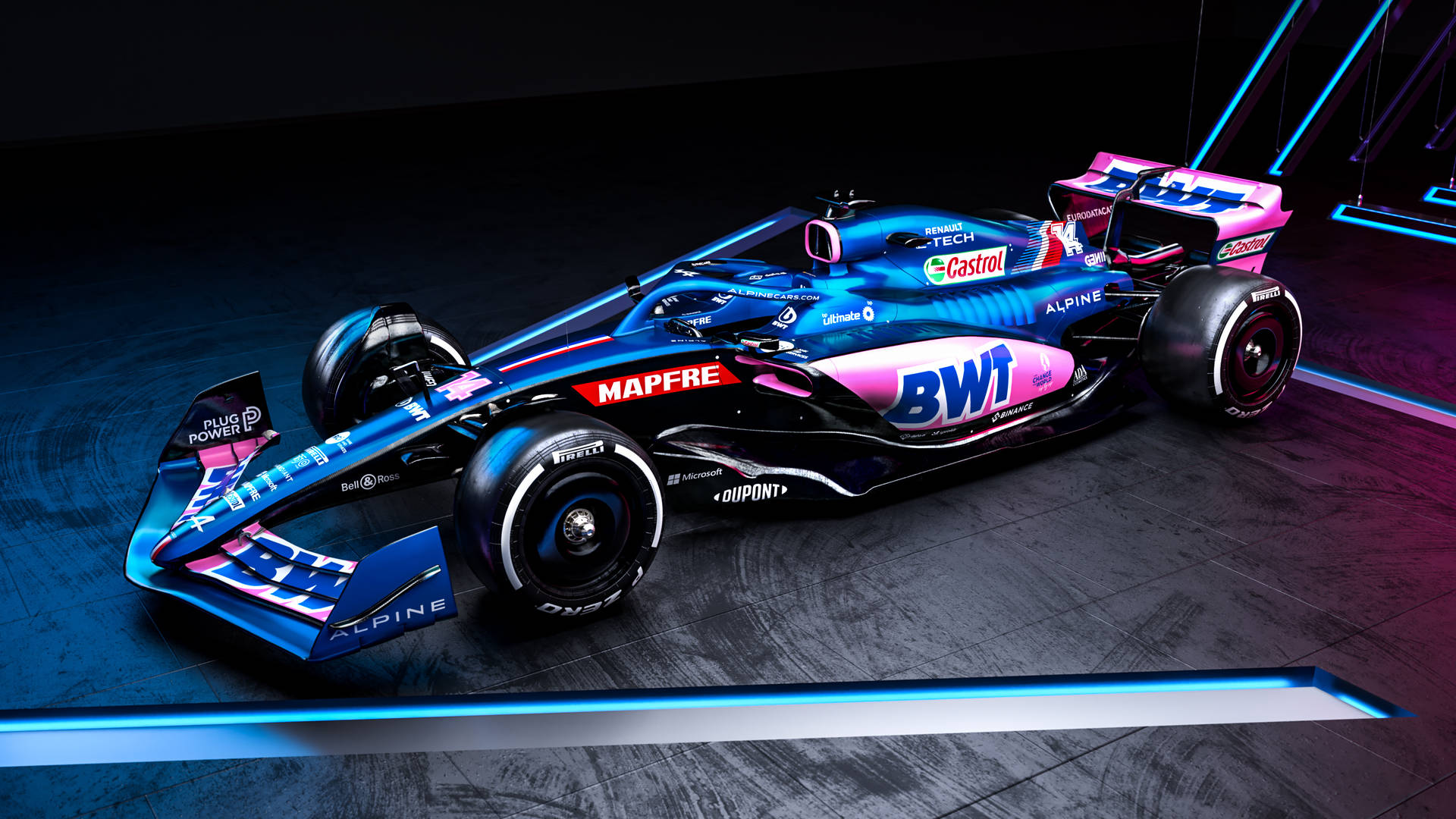 A Racing Car In A Dark Room With Neon Lights Wallpaper