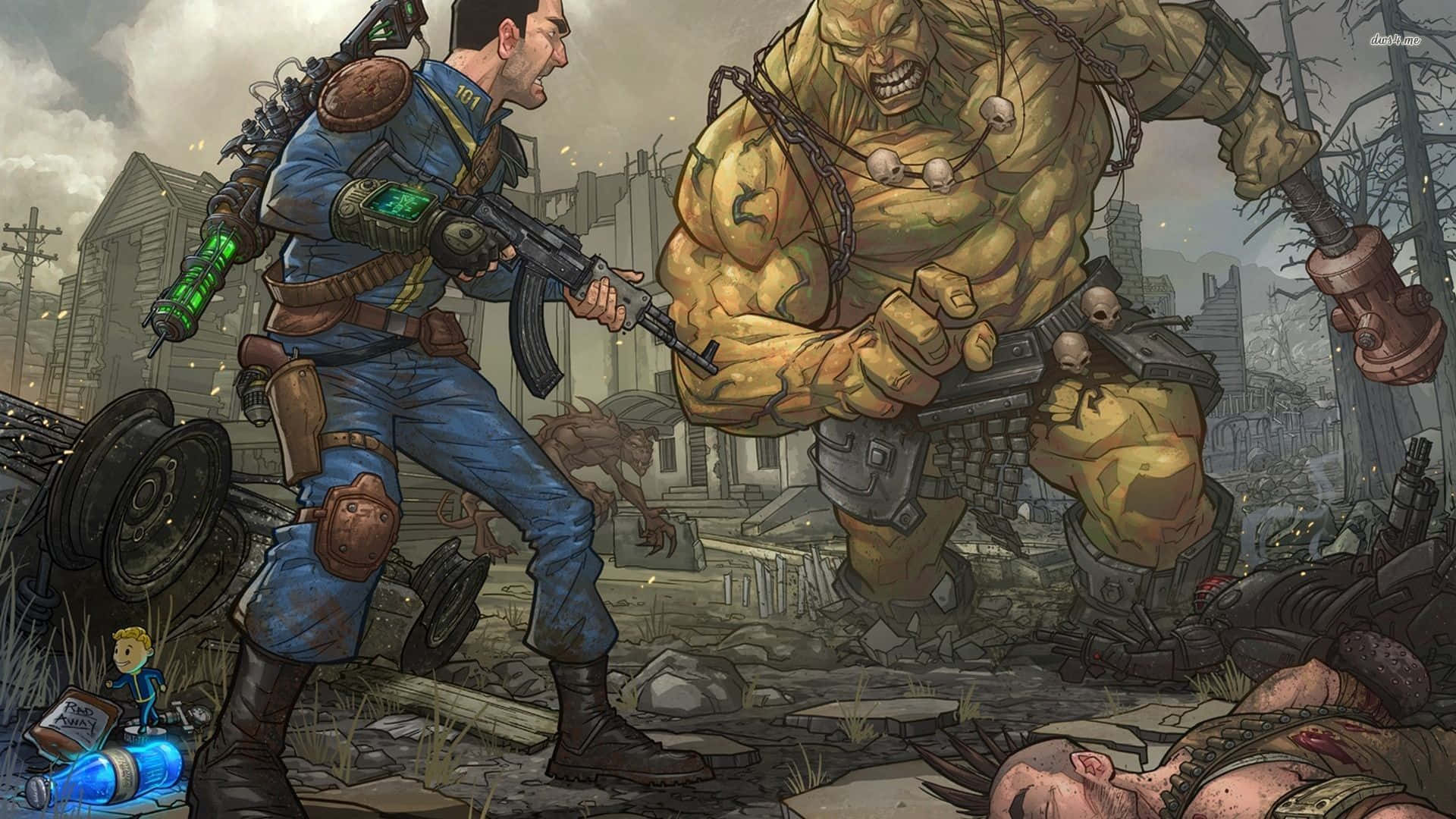 Fallout 4 - en mand med et våben og en zombie Wallpaper