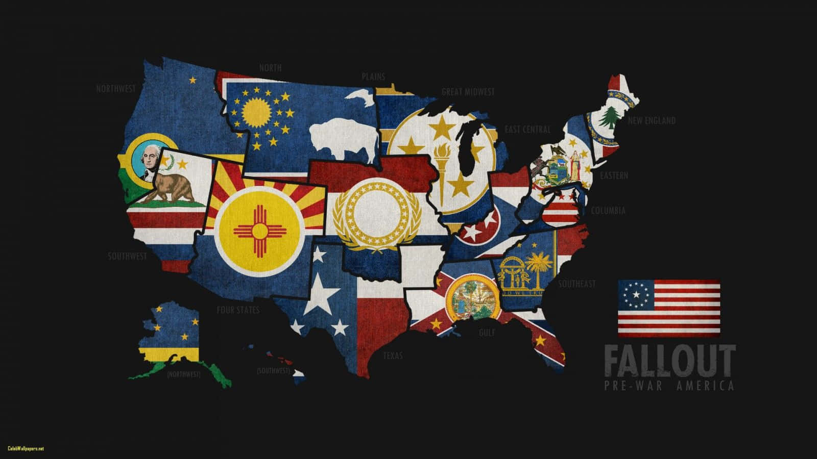 Kort over Fallout 4 med USA's flag Wallpaper