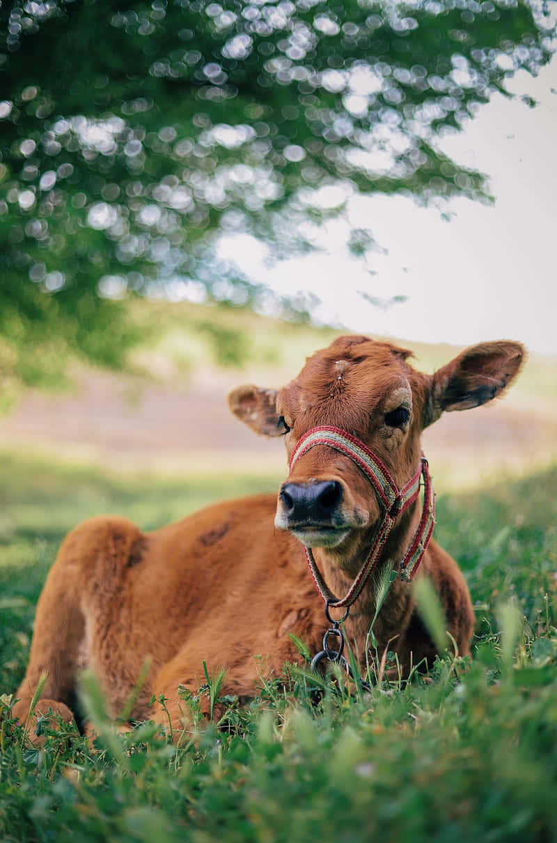A Brown Cow Laying In The Grass Wallpaper