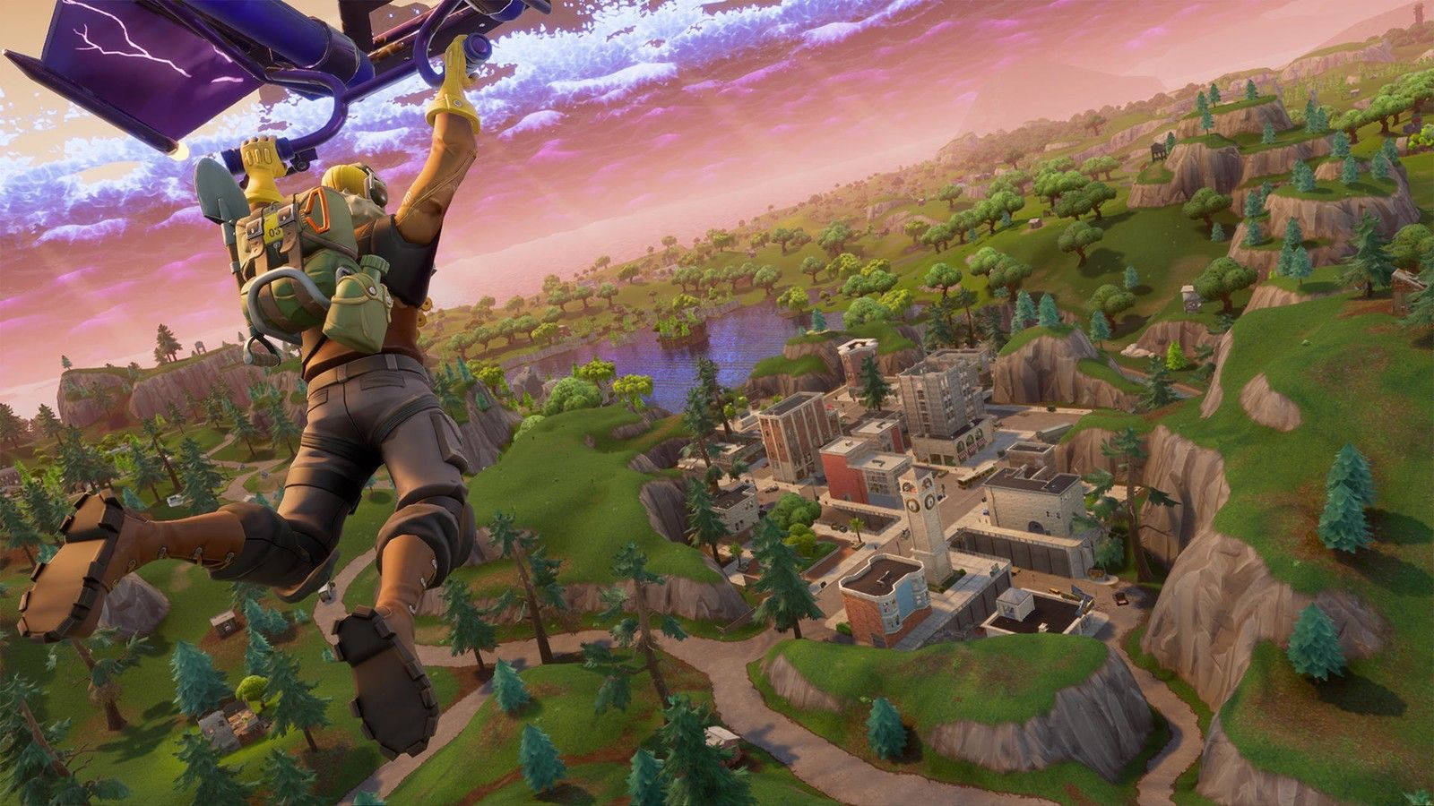 Fortnite - A Man Flying Over A City Wallpaper