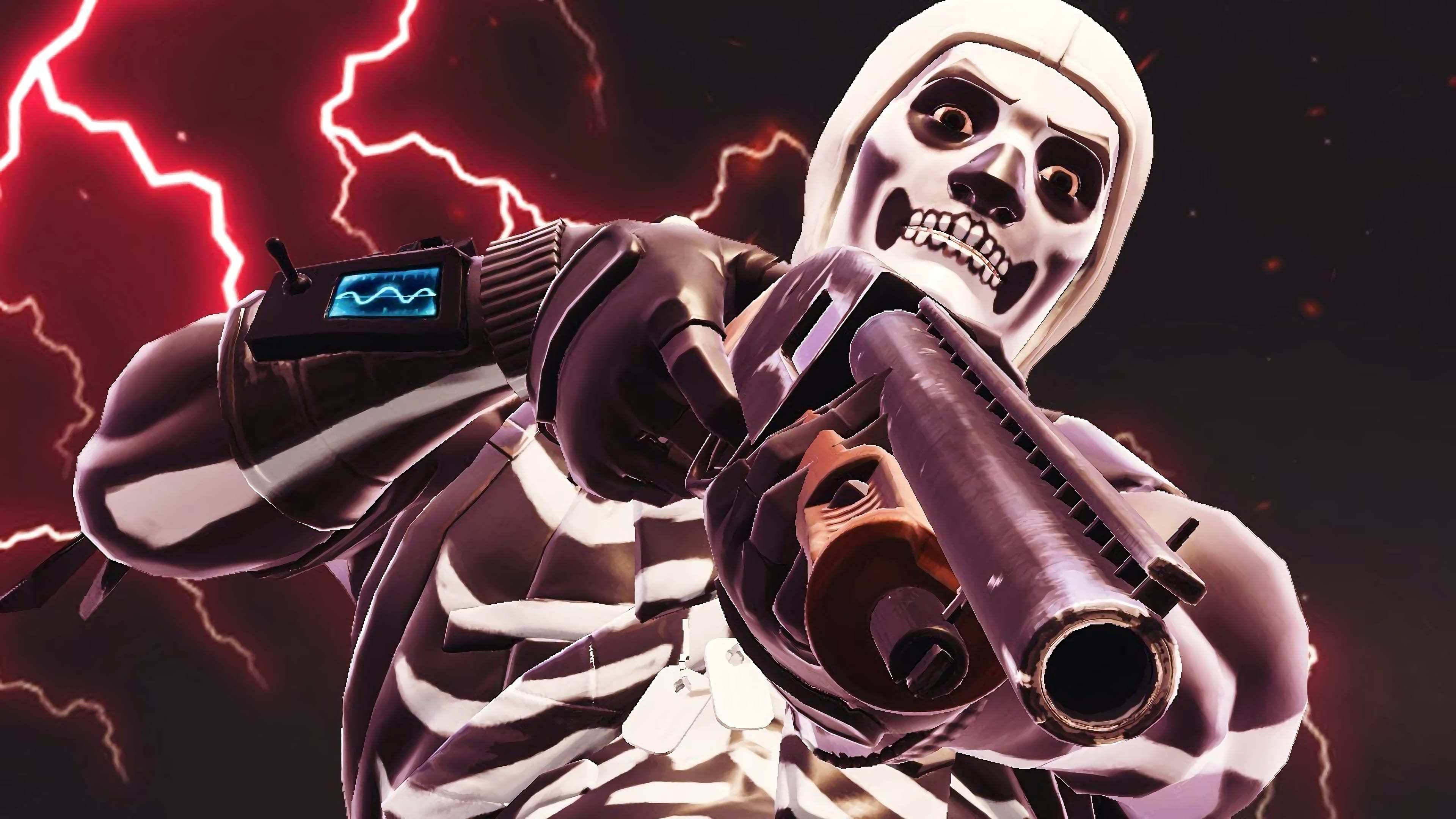 Cool Fortnite Skin Skull Trooper che punta lo sfondo della pistola