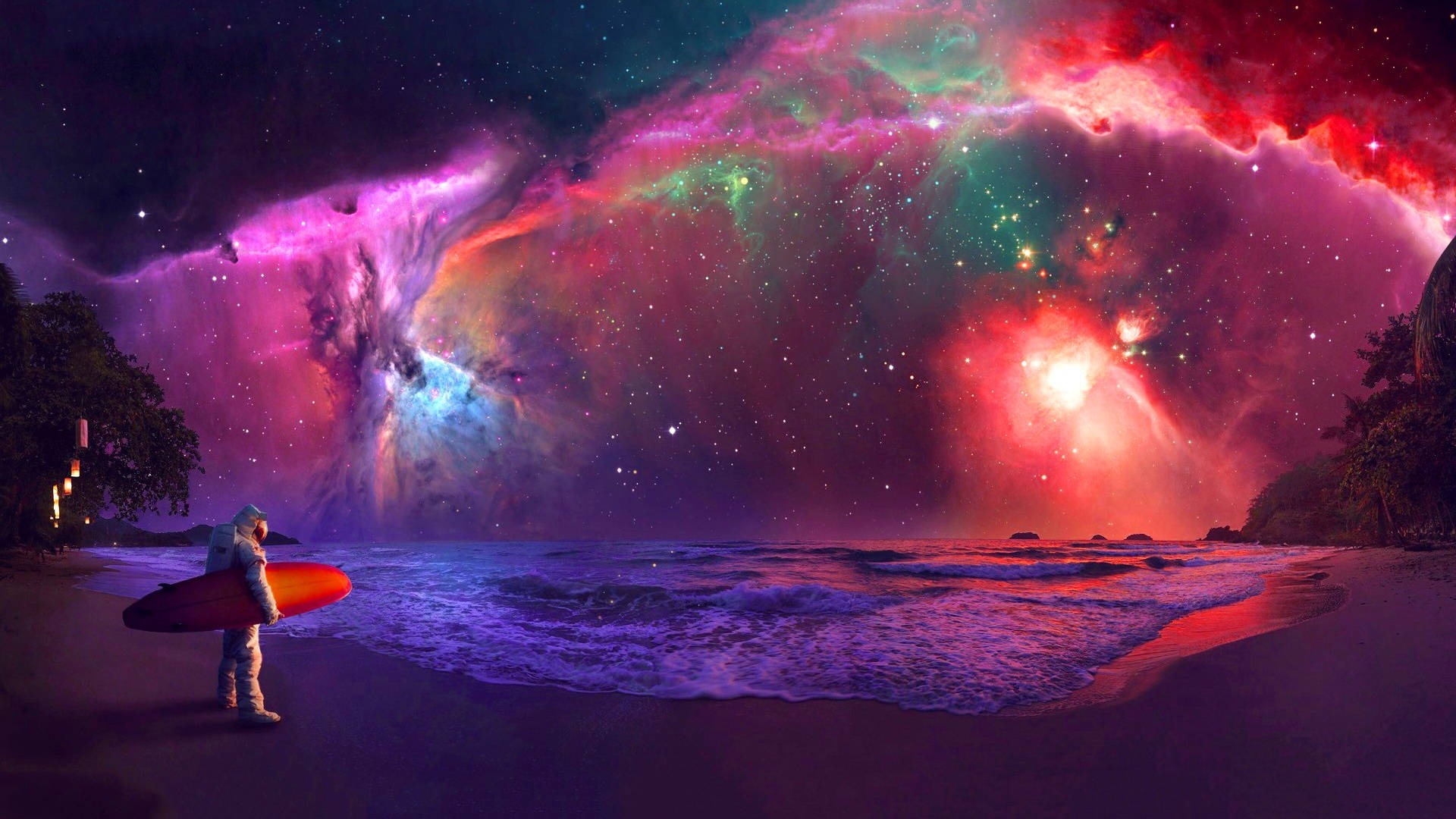 Increíblefondo De Pantalla De Playa Espacial Con Astronauta. Fondo de pantalla