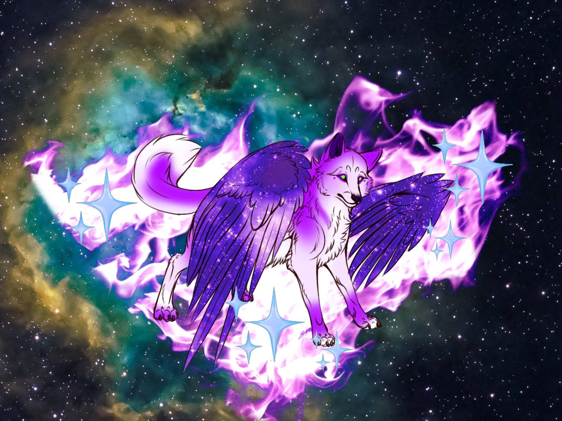 Cool Galaxy Fantasy Winged Purple Wolf Wallpaper