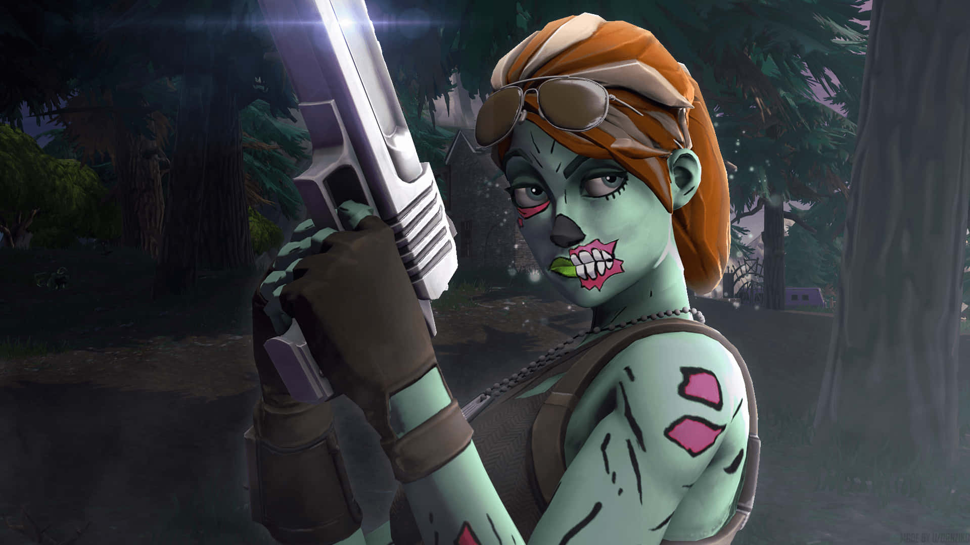Fortnite Zombies - En Zombie med et gevær på en farverig baggrund Wallpaper