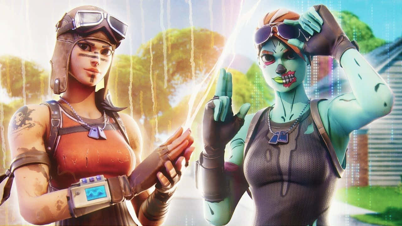 Two Women In Fortnite Are Standing Next To Each Other Wallpaper