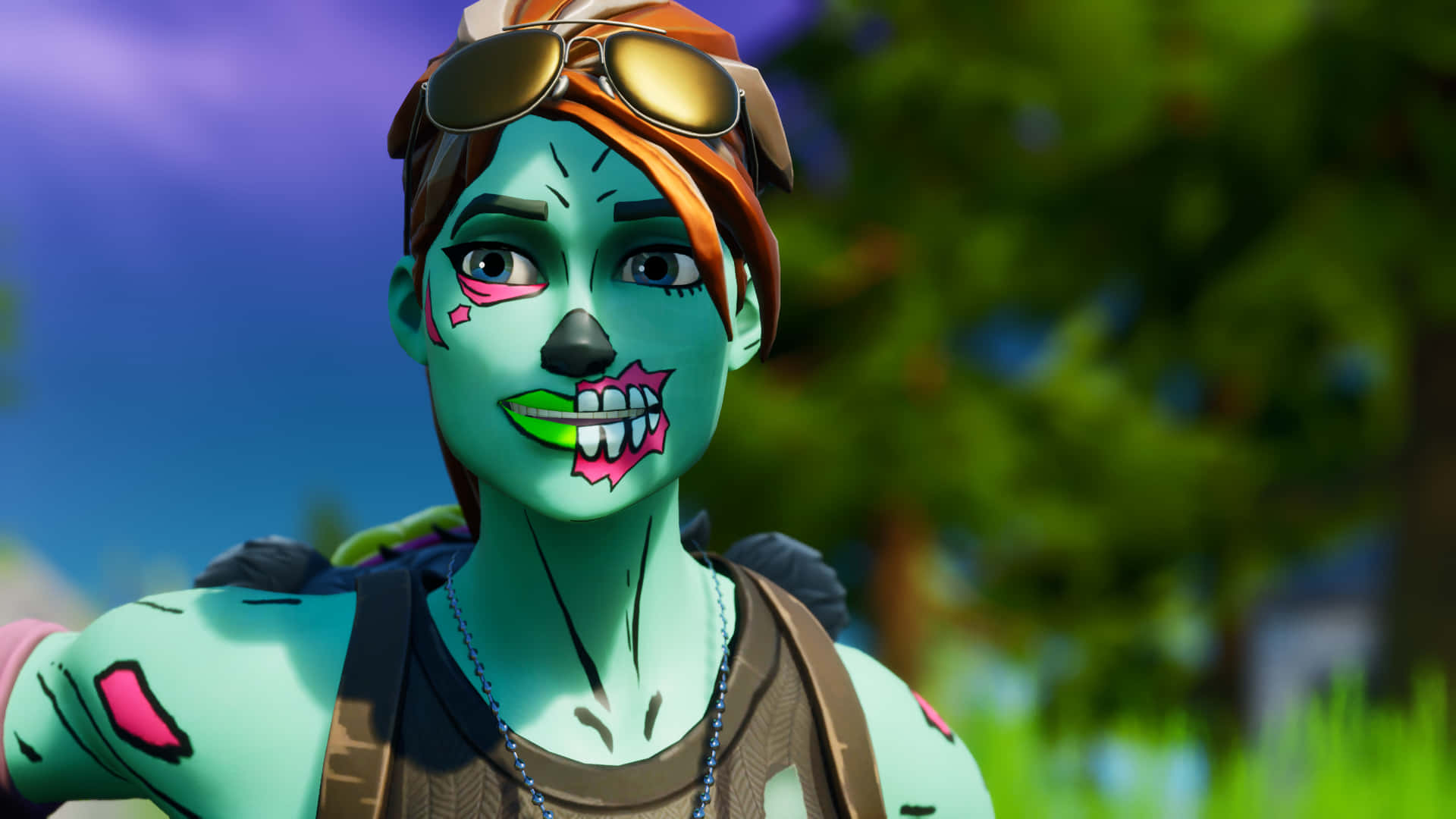 Fortnite Zombies - En zombie med et grønt ansigt og øjne med en sort baggrund Wallpaper