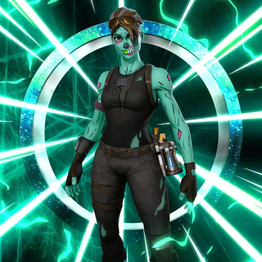 En kvinde iført grønt kostume med en gun på sin arm. Wallpaper