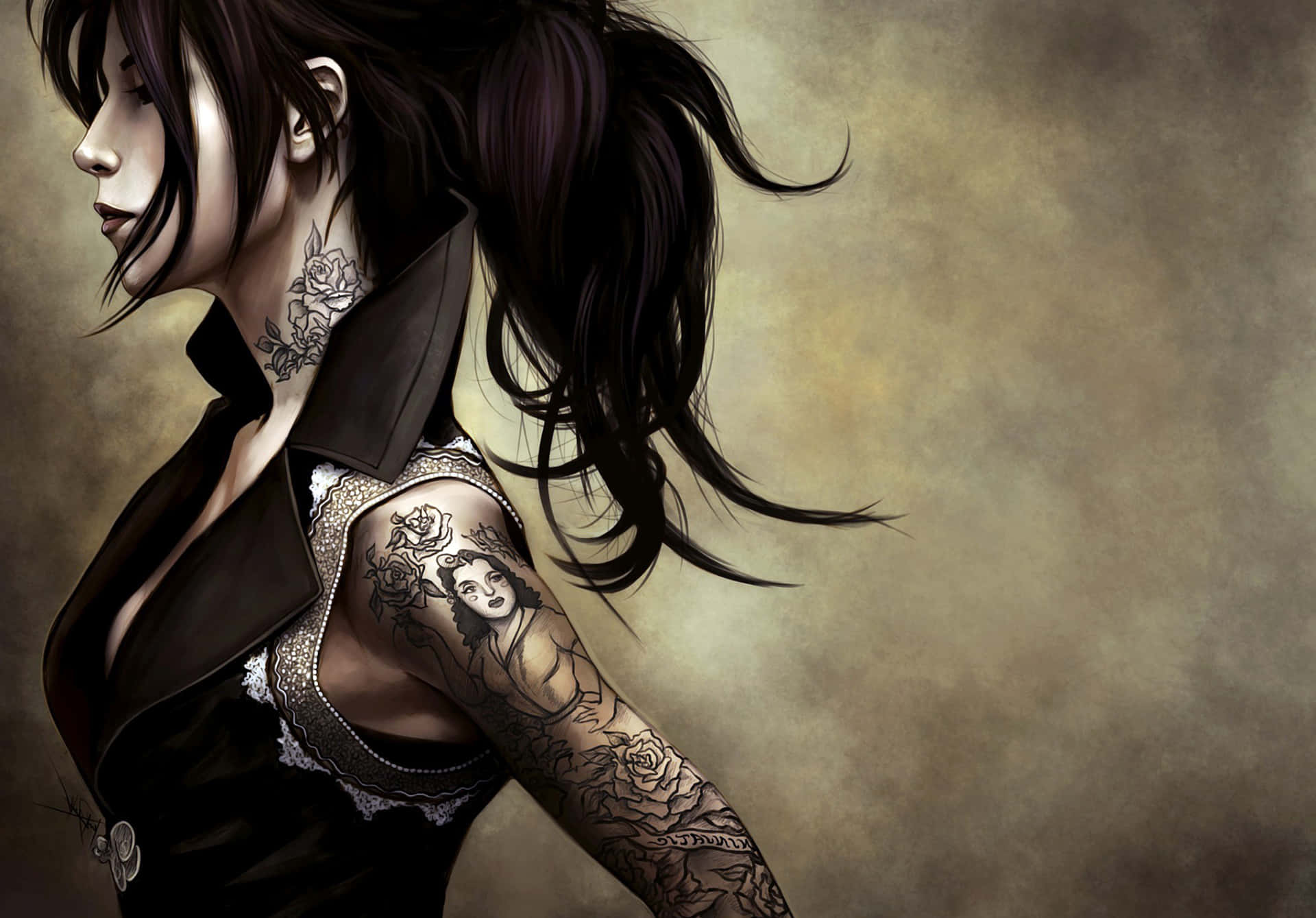 Chicafresca Ilustrada Con Tatuaje En El Cuello Fondo de pantalla