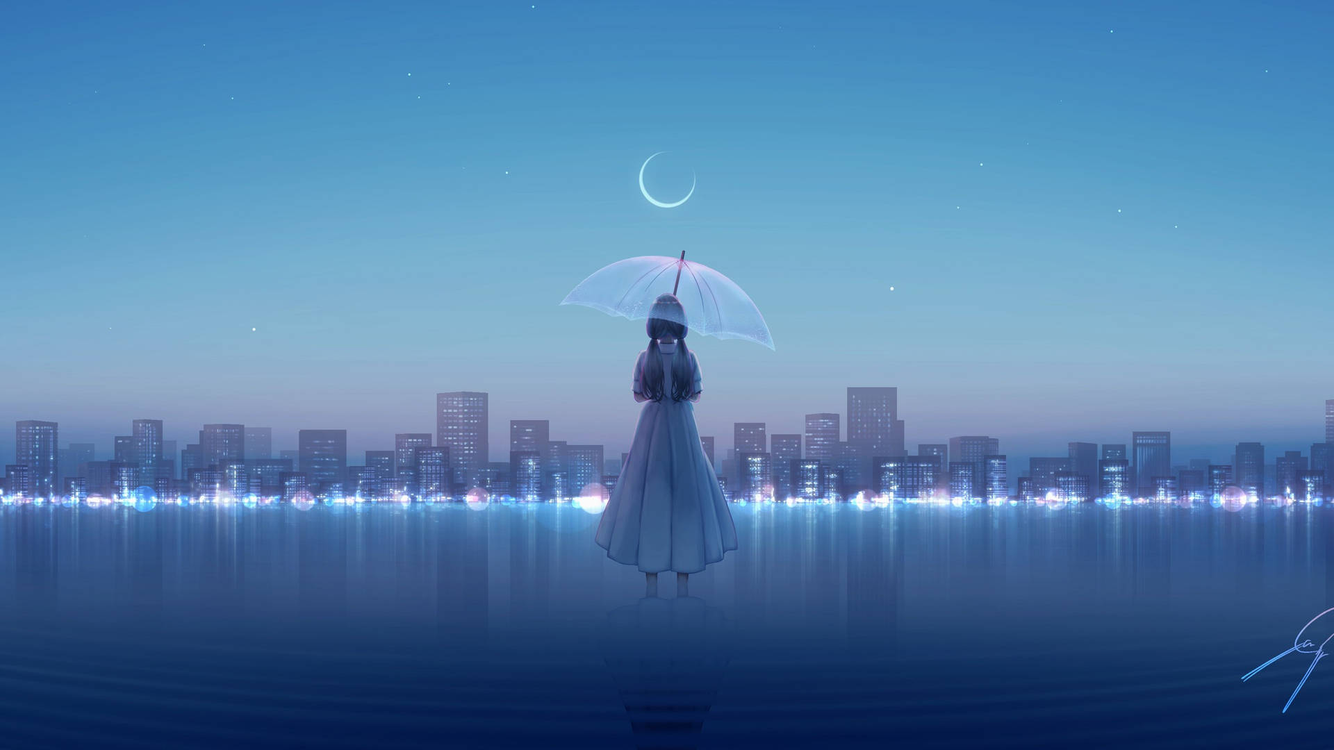 a girl is standing in the water with an umbrella Wallpaper