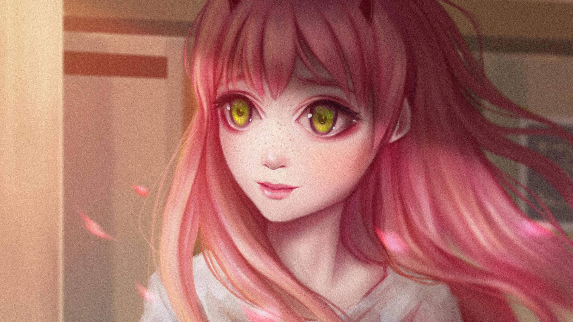 En pige med pink hår og grønne øjne Wallpaper