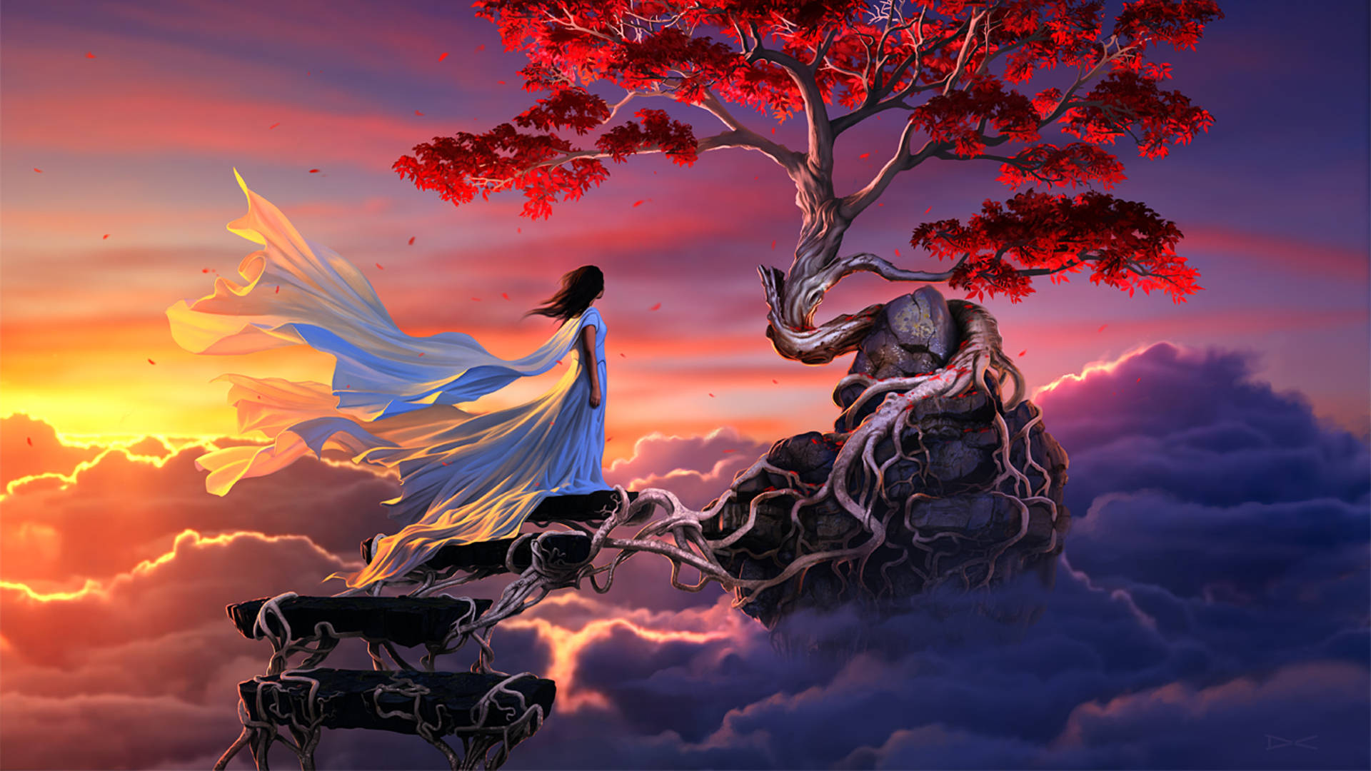 a girl is standing on a tree in the clouds Wallpaper