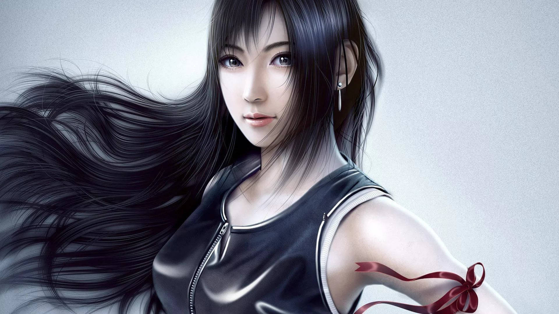a girl with long black hair is holding a red ribbon Wallpaper
