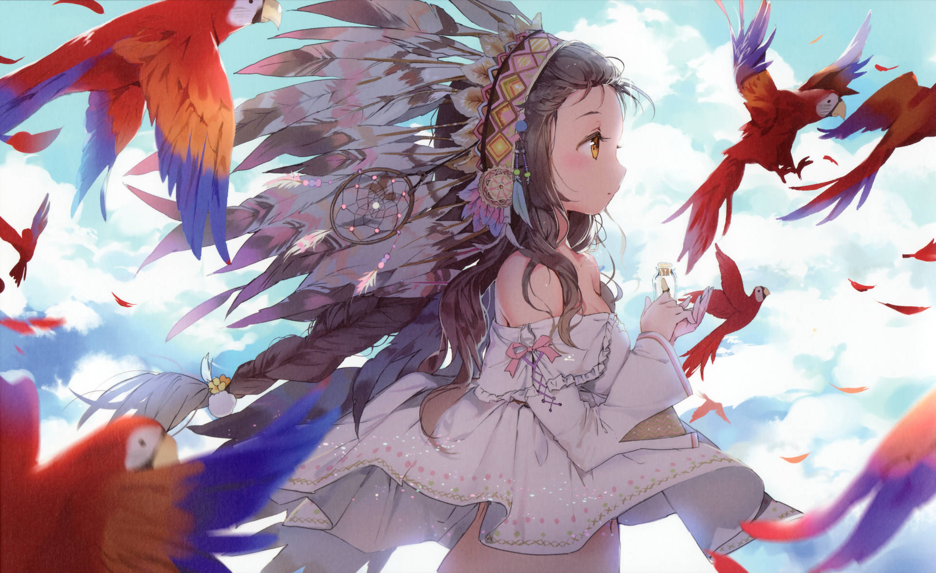 a girl in a feathered headdress with birds flying around her Wallpaper