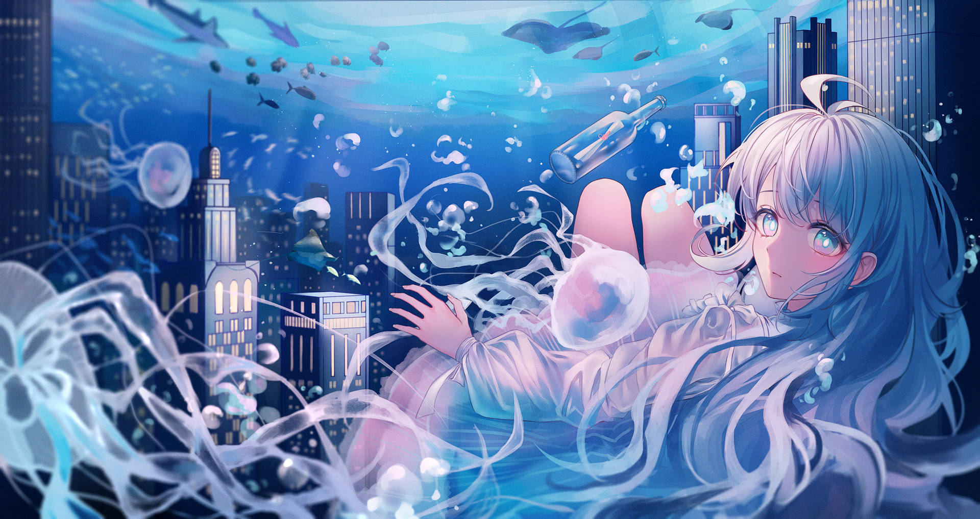 a girl is floating in the water with a city in the background Wallpaper