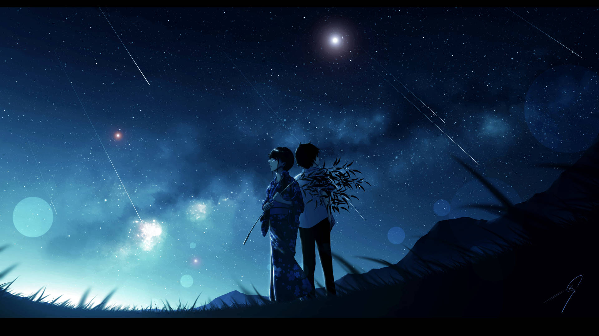 Two People Standing Under The Stars Wallpaper