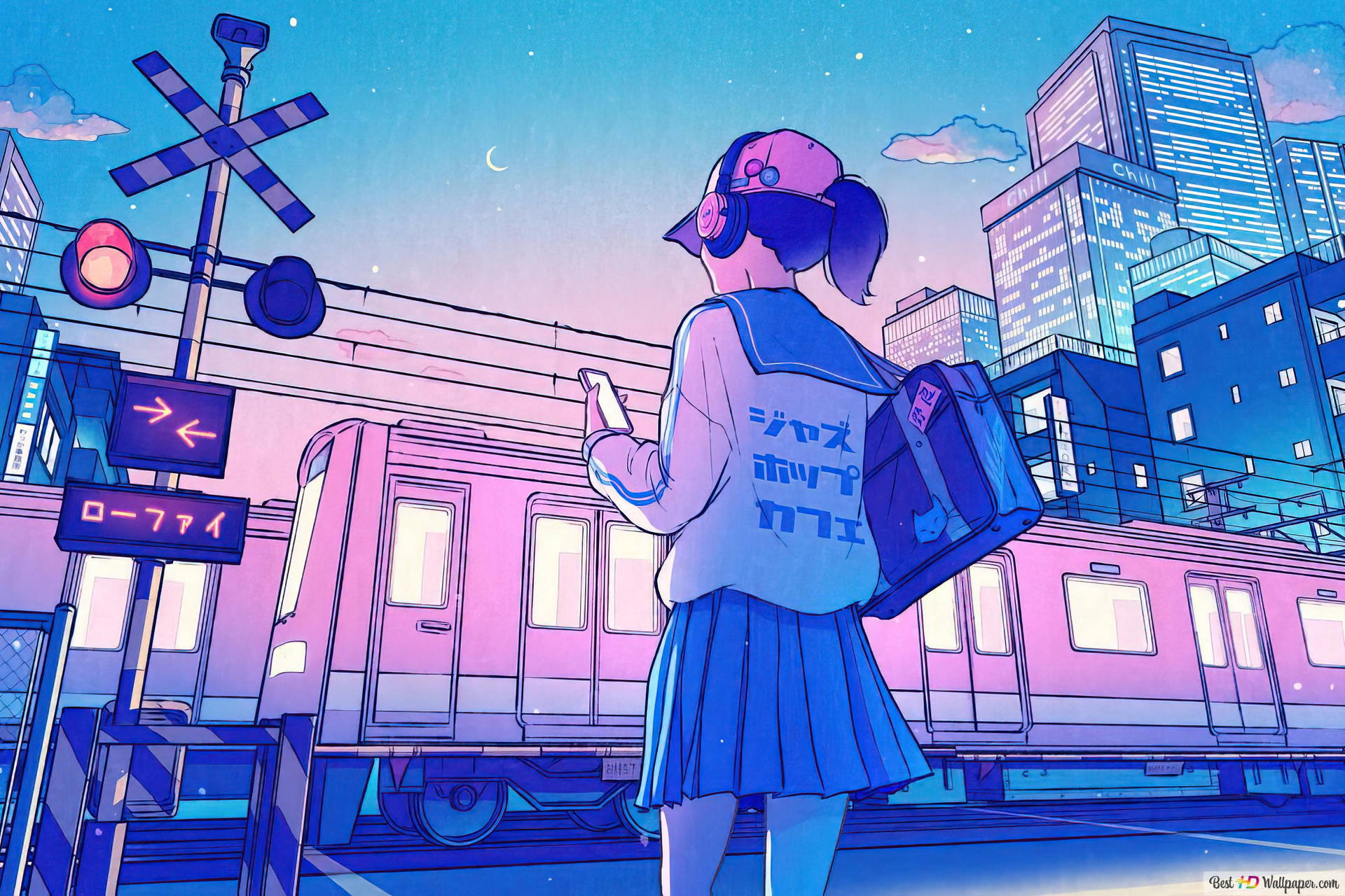 En pige står på et tog spor Wallpaper