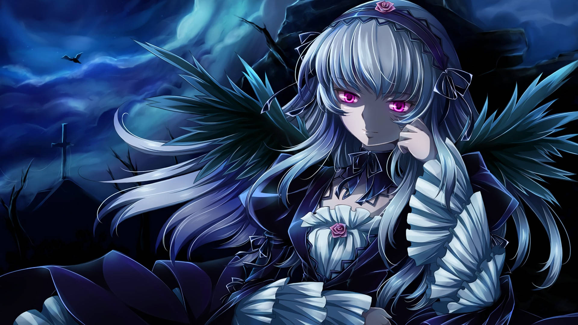 anime girl with purple eyes and wings Wallpaper