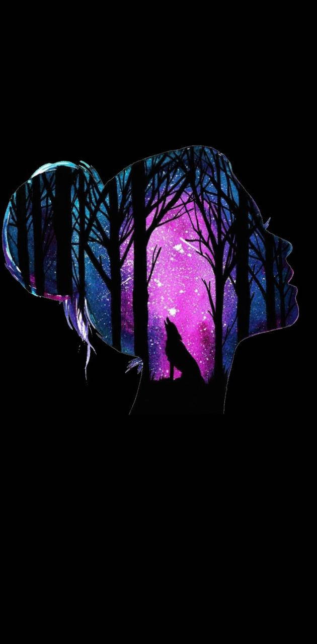 Cool Girl Silhouette With Galaxy Wolf Wallpaper