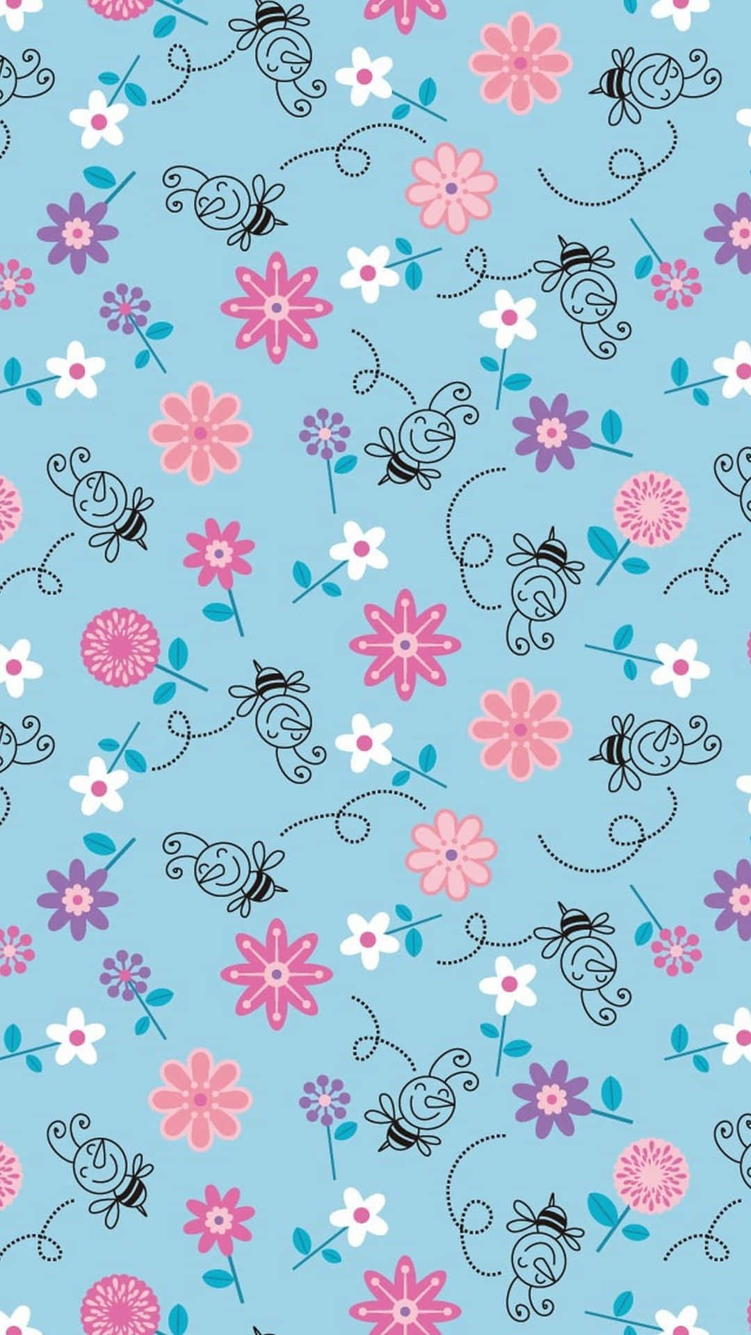 A Blue And Pink Floral Pattern With Butterflies And Flowers Wallpaper