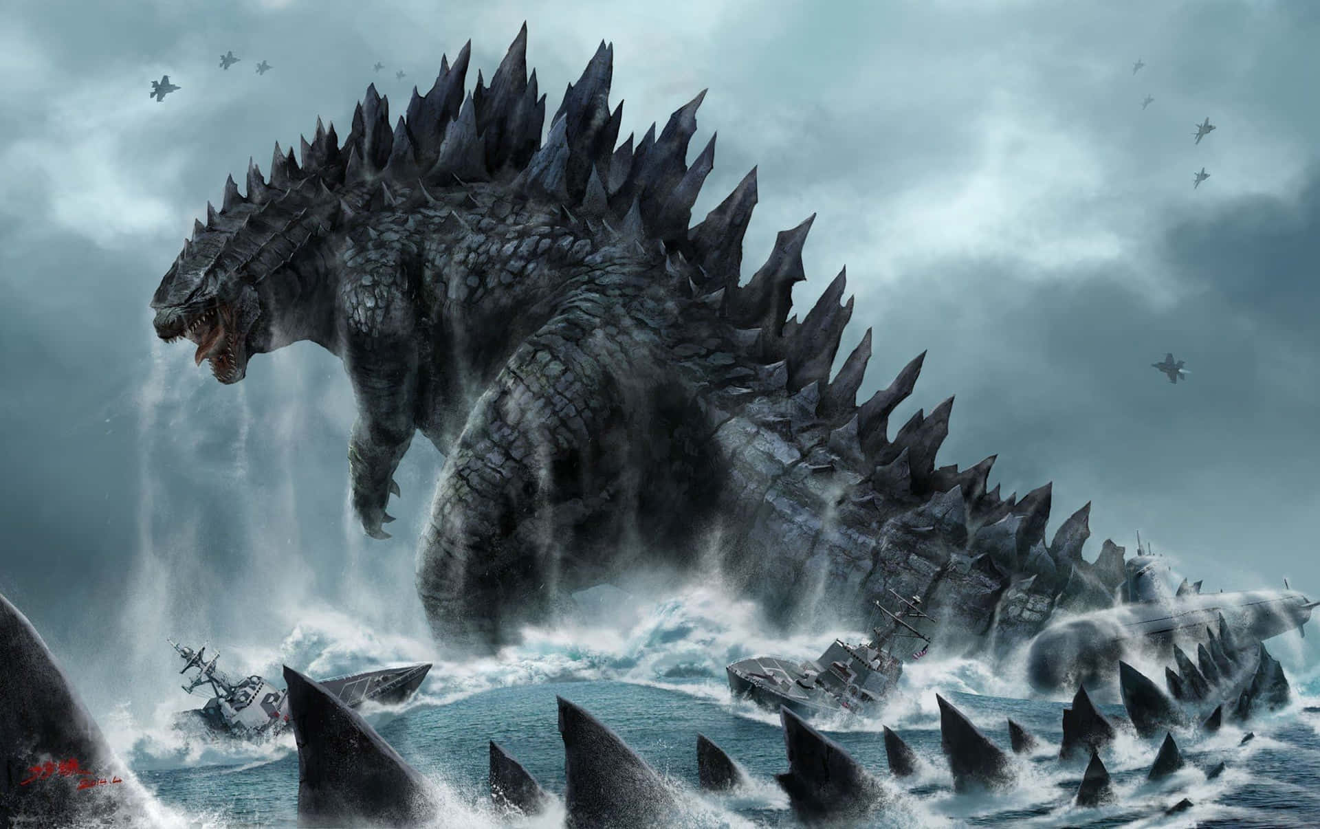 Initalian: Un Fantastico Attacco Di Godzilla Nell'oceano. Sfondo