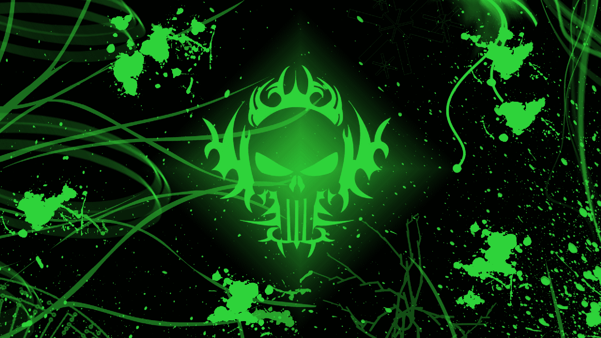 grünesTotenkopf-Wallpaper in HD Hintergrundbild — Ein leuchtender grüner Schädel mit Stammesspitzen strahlt vor einem schwarzen Hintergrund, der mit neongrüner Farbe und wirbelnden Linien bespritzt ist.