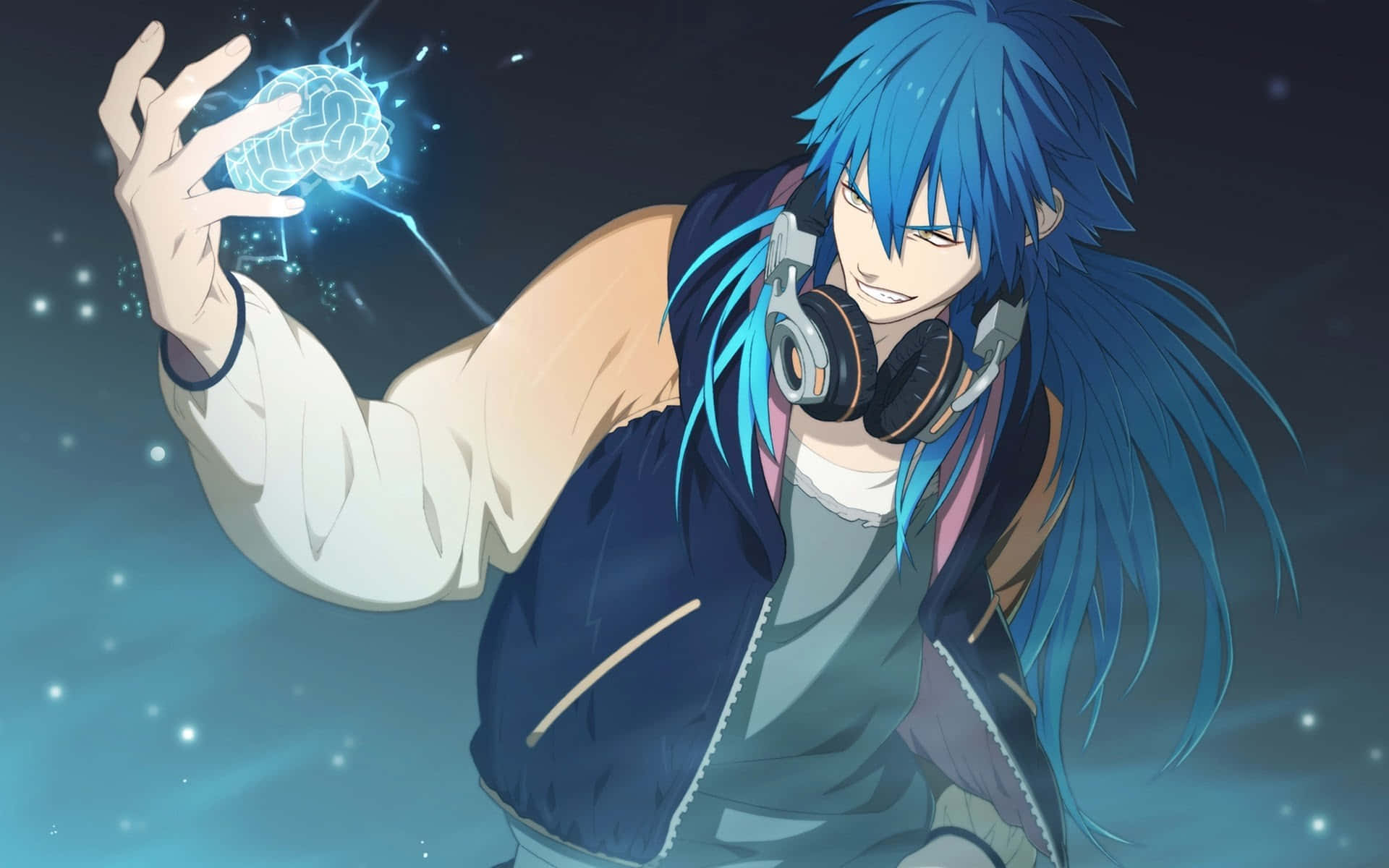 En blåhåret anime-karakter, der holder en blå kugle med magi Wallpaper