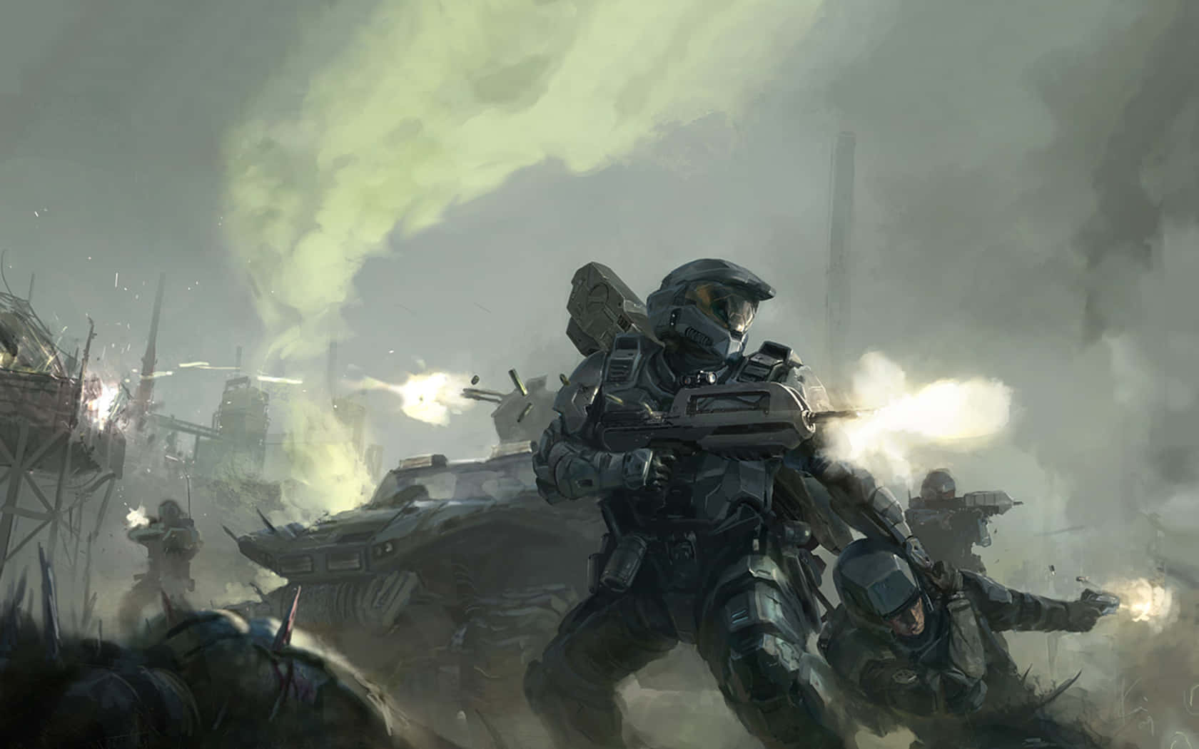 Soldadosgeniales De Halo En El Campo De Batalla. Fondo de pantalla