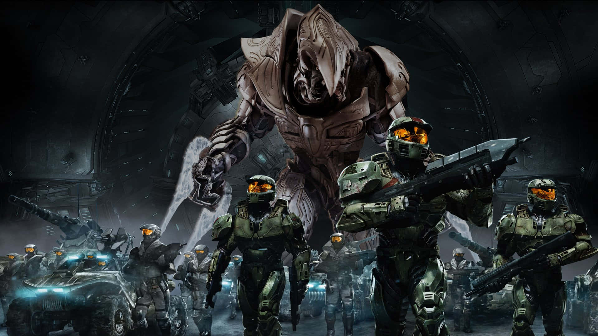 Cool Halo Soldater Med Gigantiske Robotbiler Wallpaper