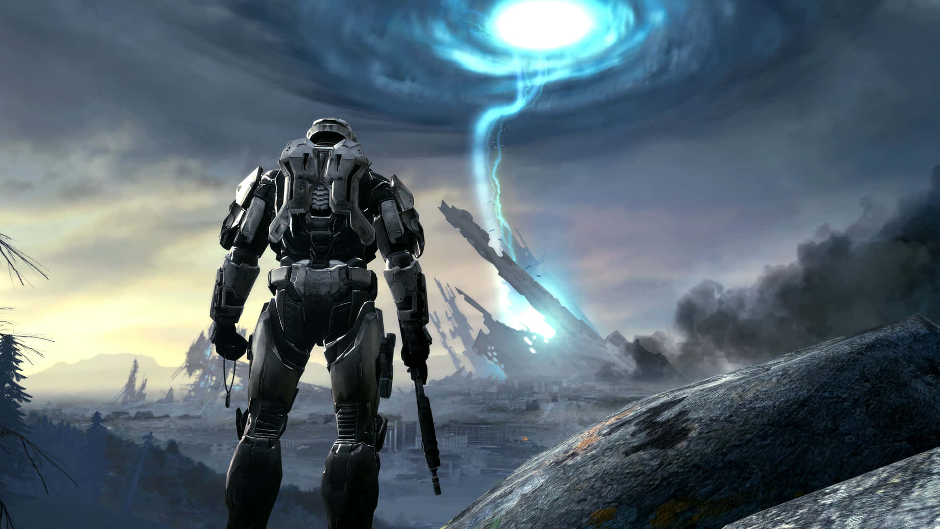 Sjov Halo-soldat med et tordenvejr højt oppe. Wallpaper