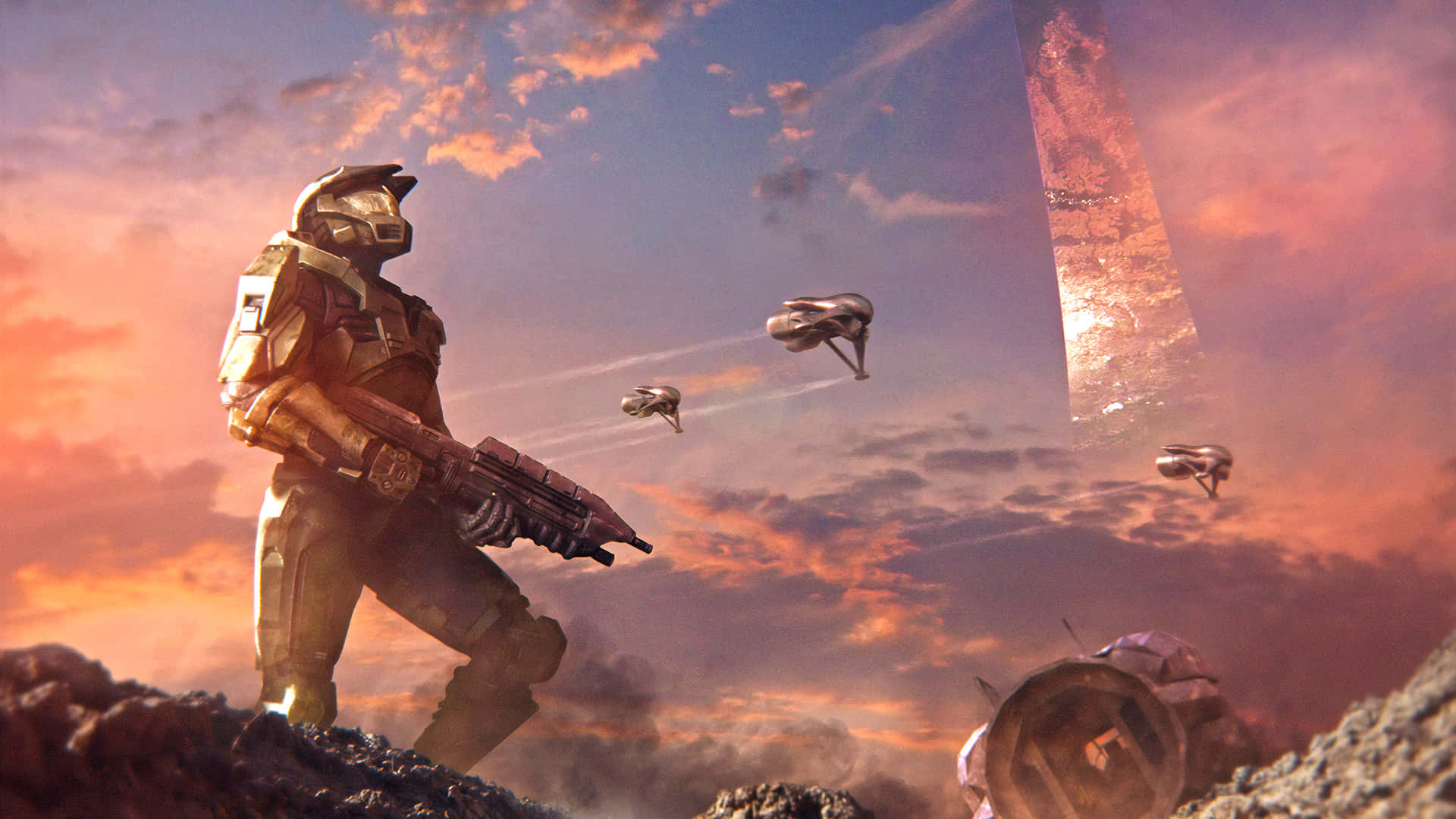 Cool Halo Soldier With Robot Airships Wallpaper