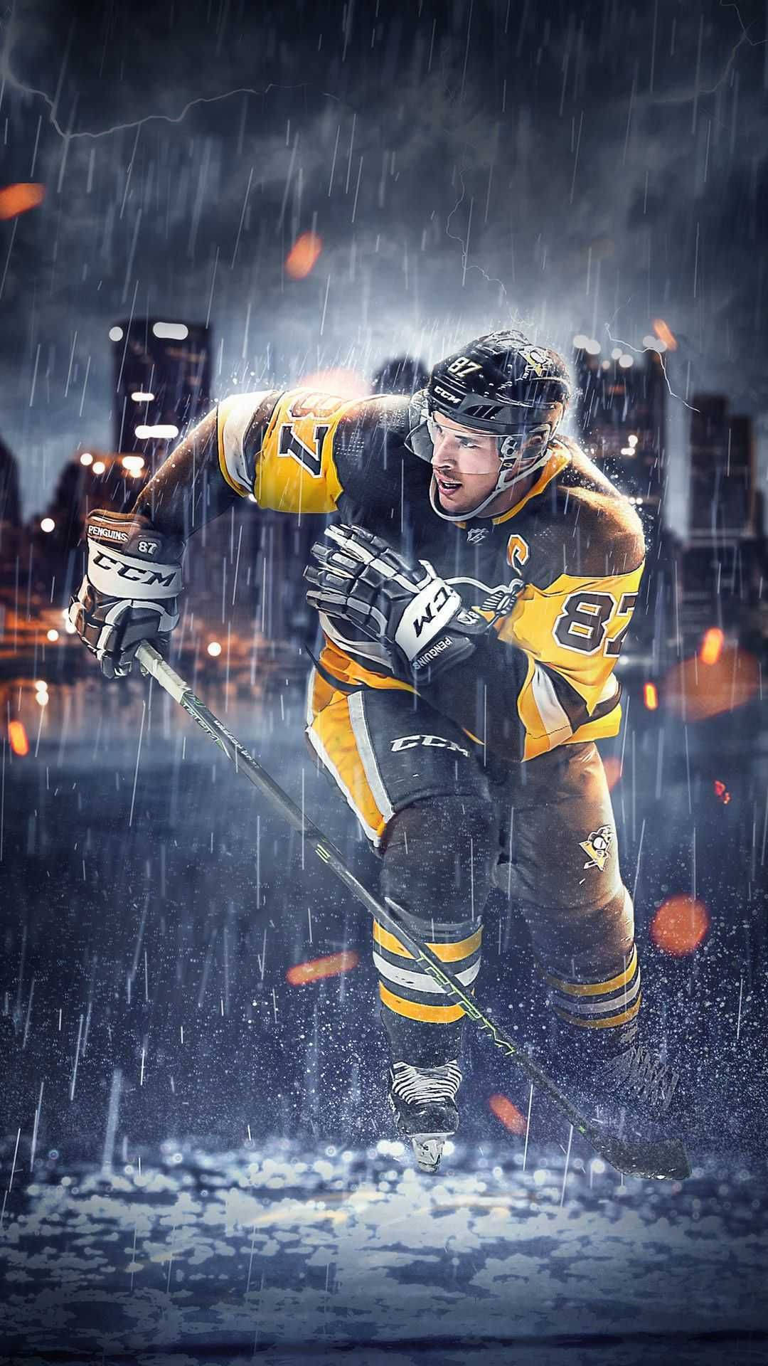 Download A Hockey Player Is Playing On Ice With A Cloudy Sky