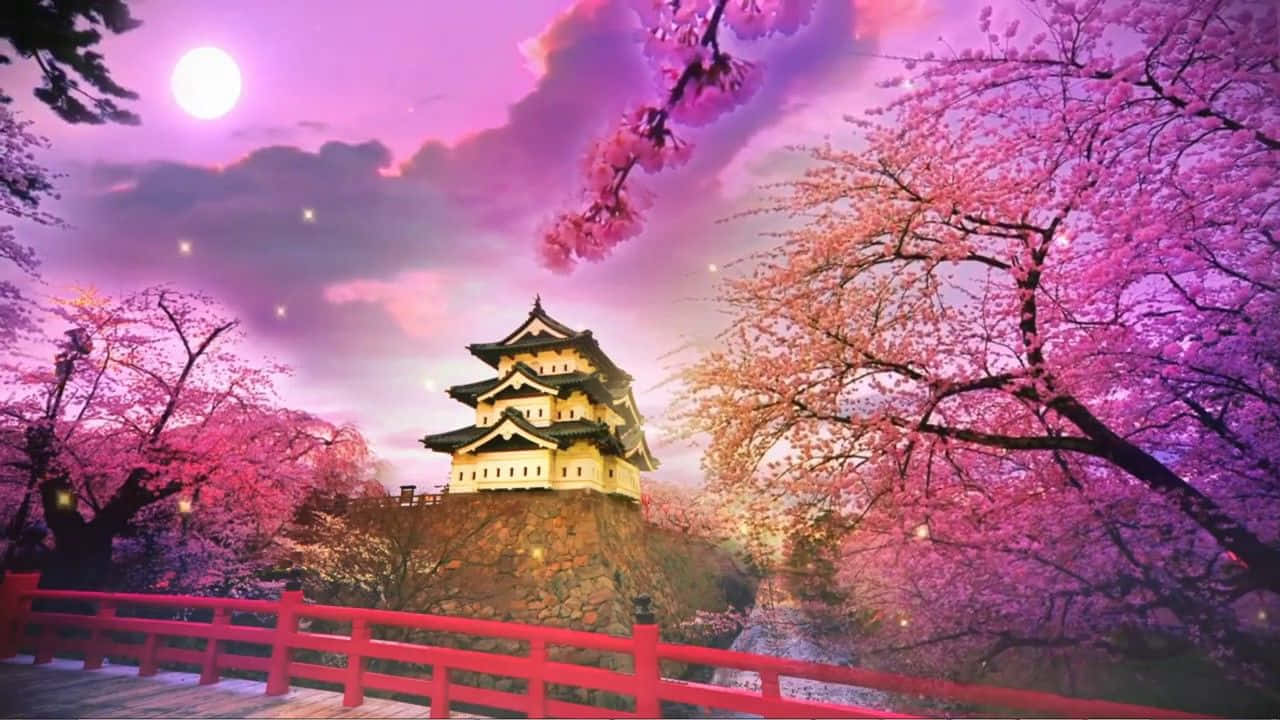 behind the temple is Japanese pink cherry blossom trees