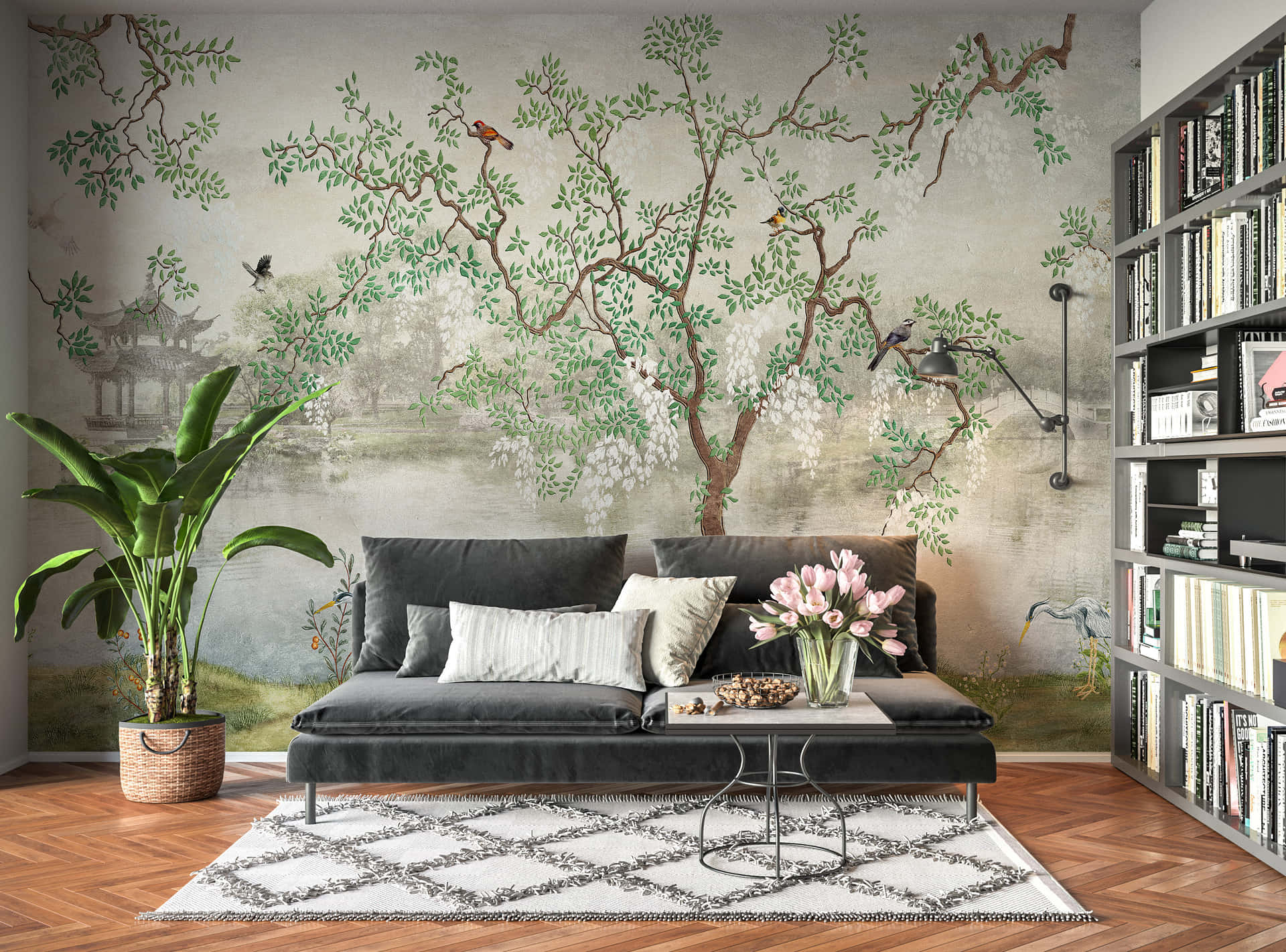 A Living Room With A Tree Mural Wallpaper