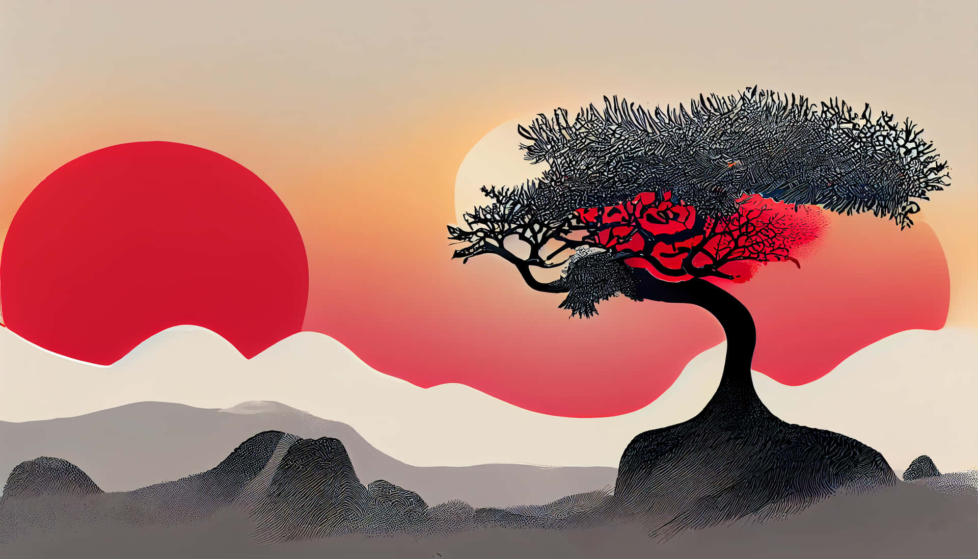 A magnificent Japanese tree glows in the sunlight Wallpaper