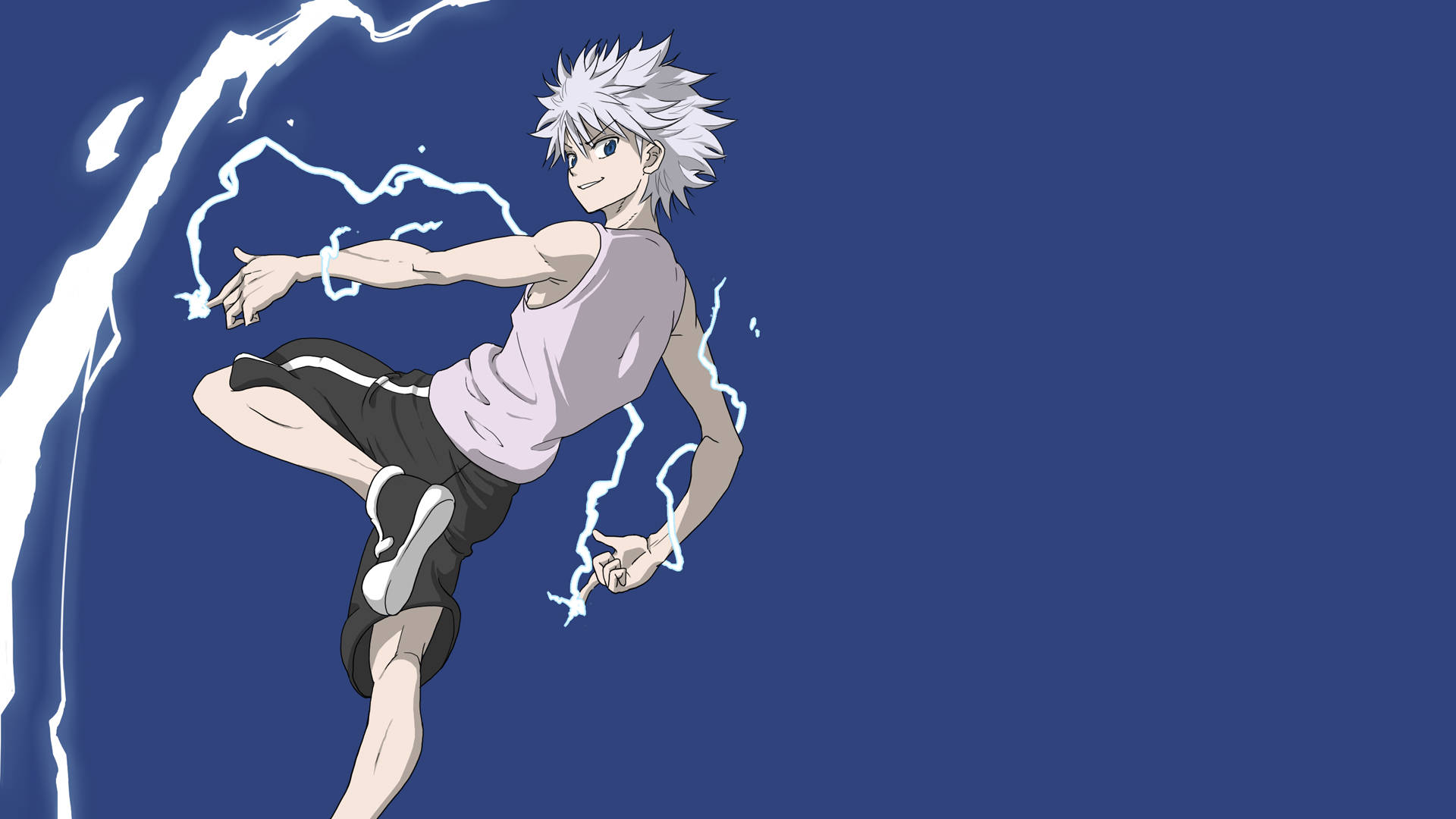 En karakter i en anime springer over en blå baggrund. Wallpaper