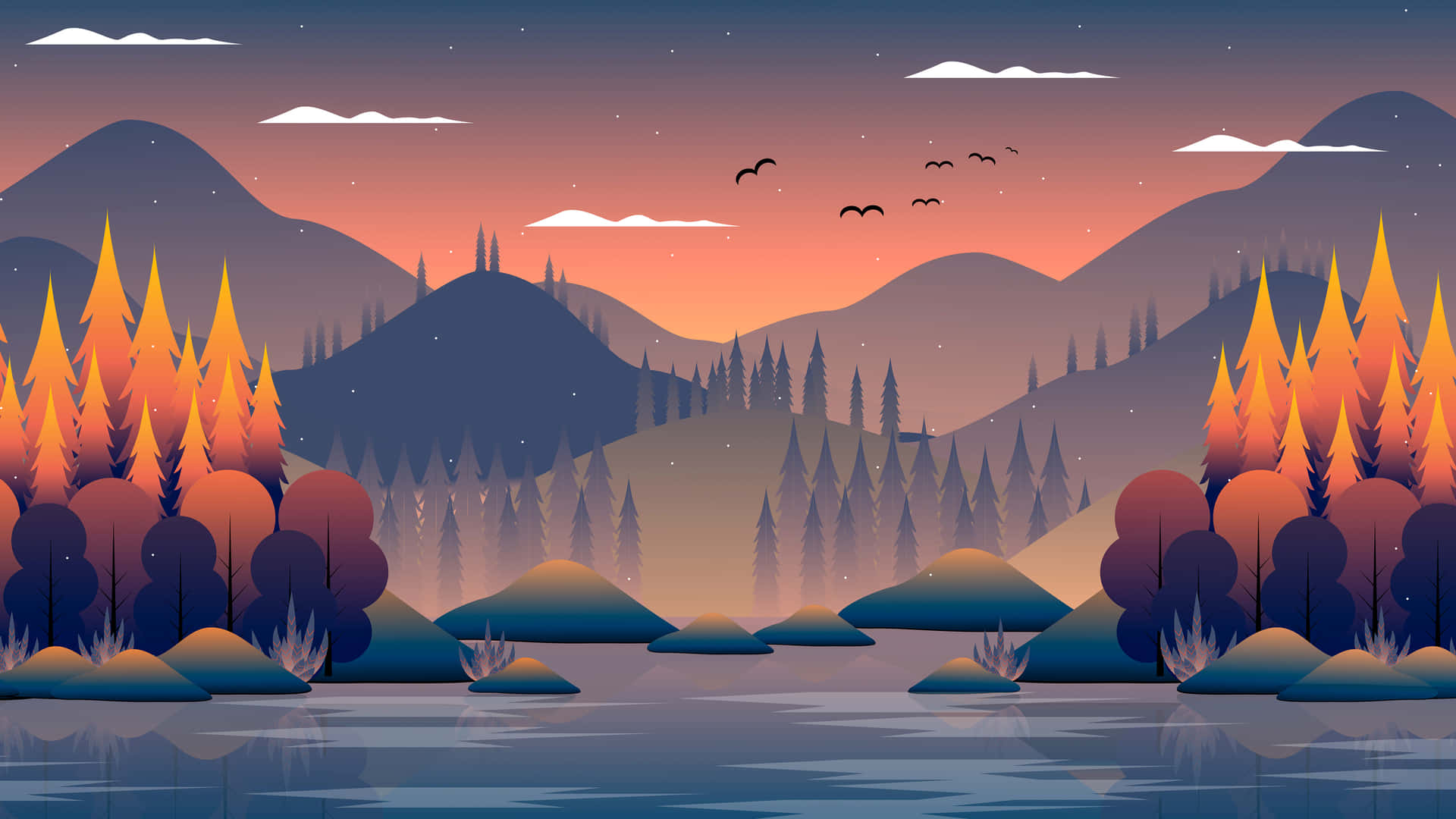Einelandschaft Mit Bäumen Und Einem See Bei Sonnenuntergang Wallpaper