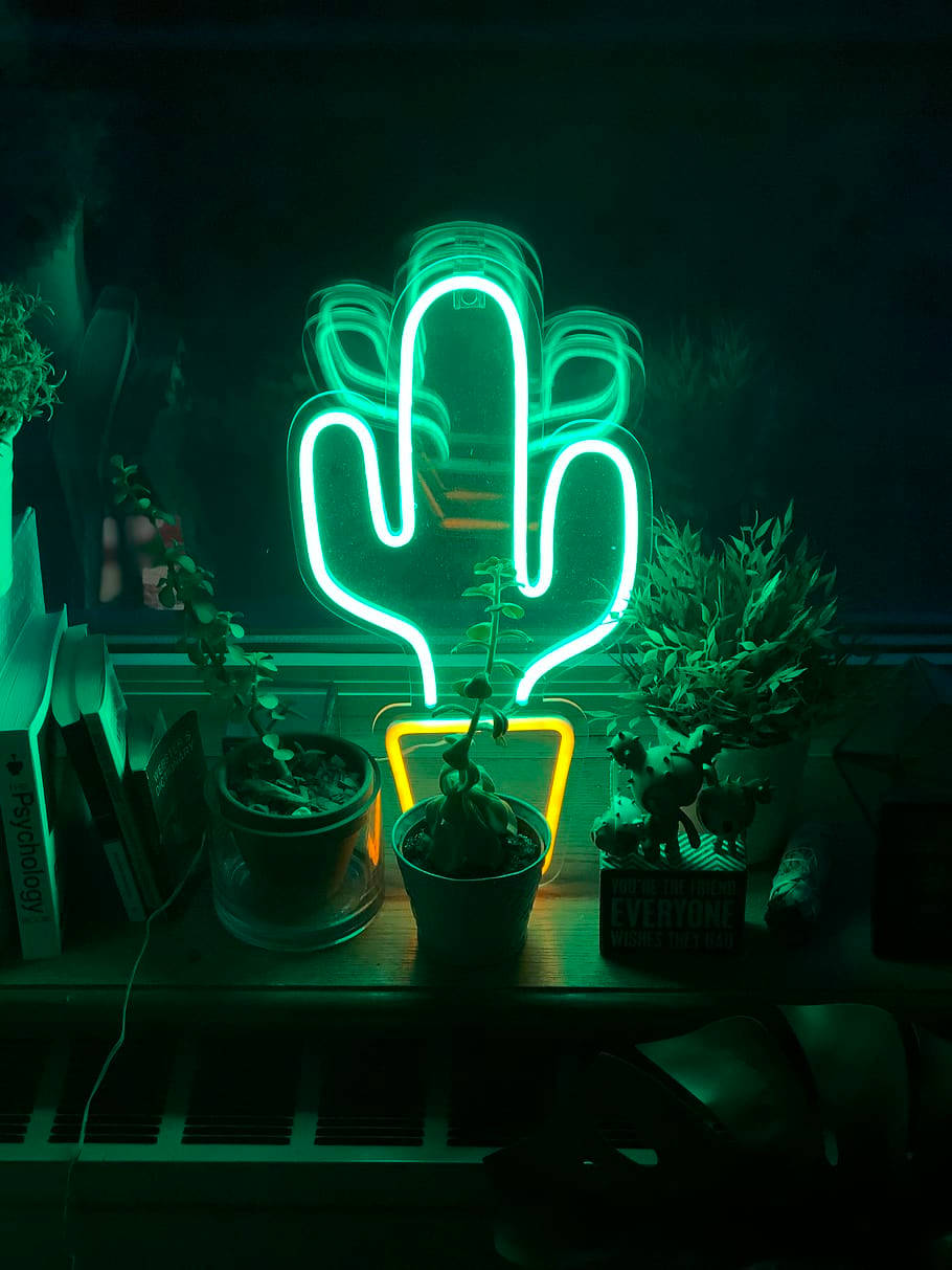 En neon kaktus sidder på en hylde mod en pastelfarvet gul baggrund Wallpaper